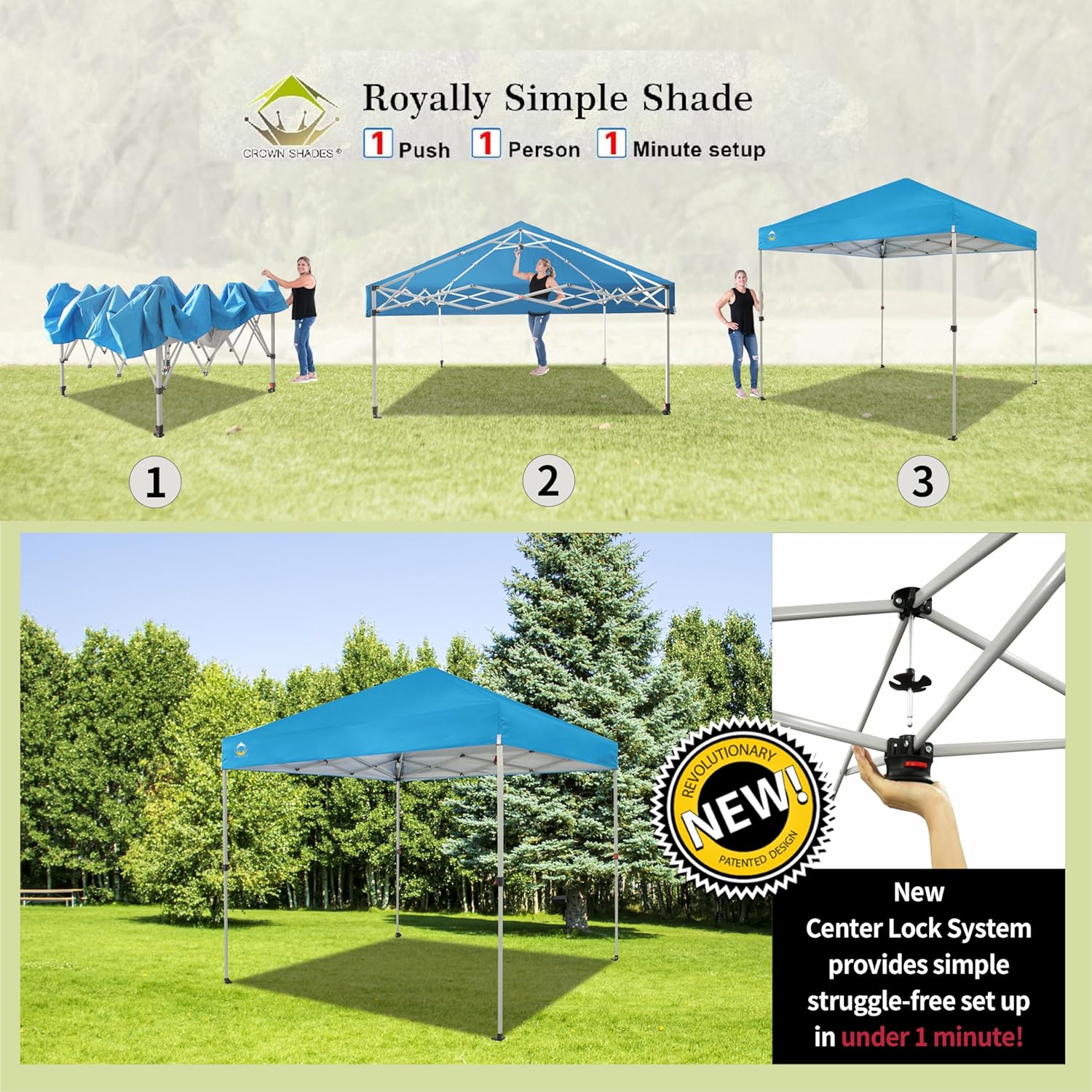 CROWN SHADES 10x10 Pop Up Canopy - Beach Tent with One Push Setup - Easy Outdoor Sun Shade for Events, Parties, Camping - Gazebo with STO-N-Go Cover Bag, Silver Coated Top, Black