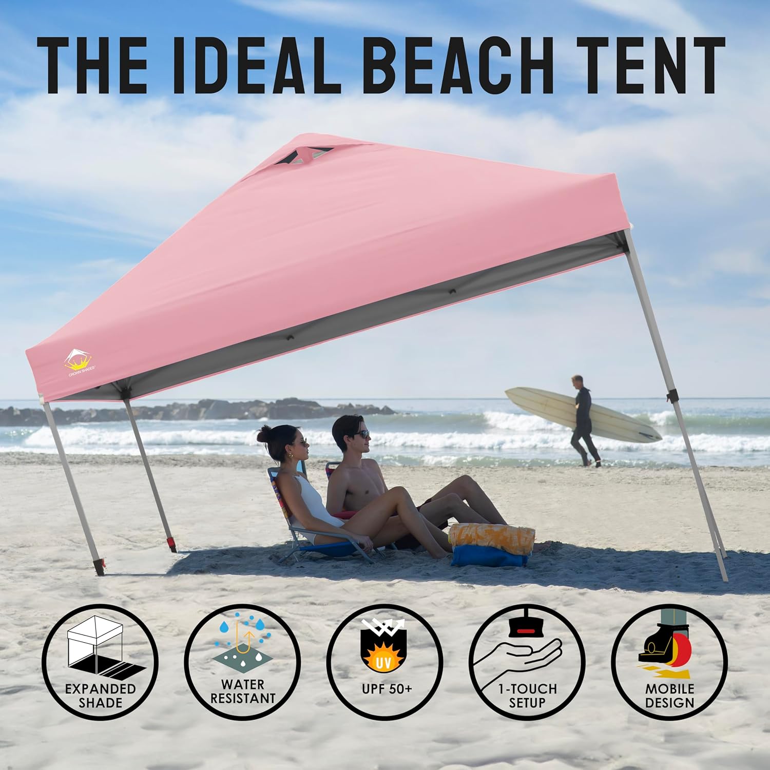 CROWN SHADES 10x10 Pop Up Canopy - Beach Tent with One Push Setup - Easy Outdoor Sun Shade for Events, Parties, Camping - Gazebo with STO-N-Go Cover Bag, Silver Coated Top, Black