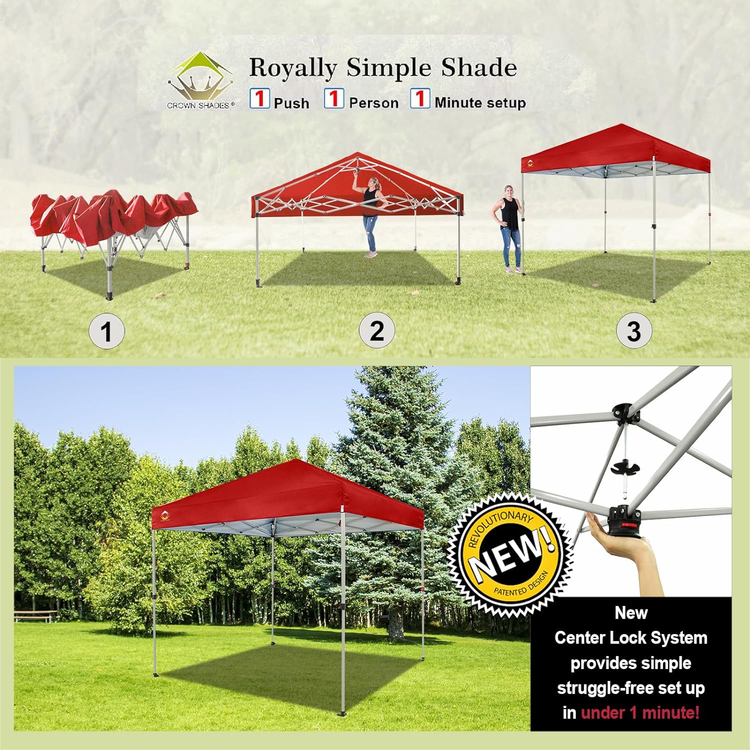 CROWN SHADES 10x10 Pop Up Canopy - Beach Tent with One Push Setup - Easy Outdoor Sun Shade for Events, Parties, Camping - Gazebo with STO-N-Go Cover Bag, Silver Coated Top, Black