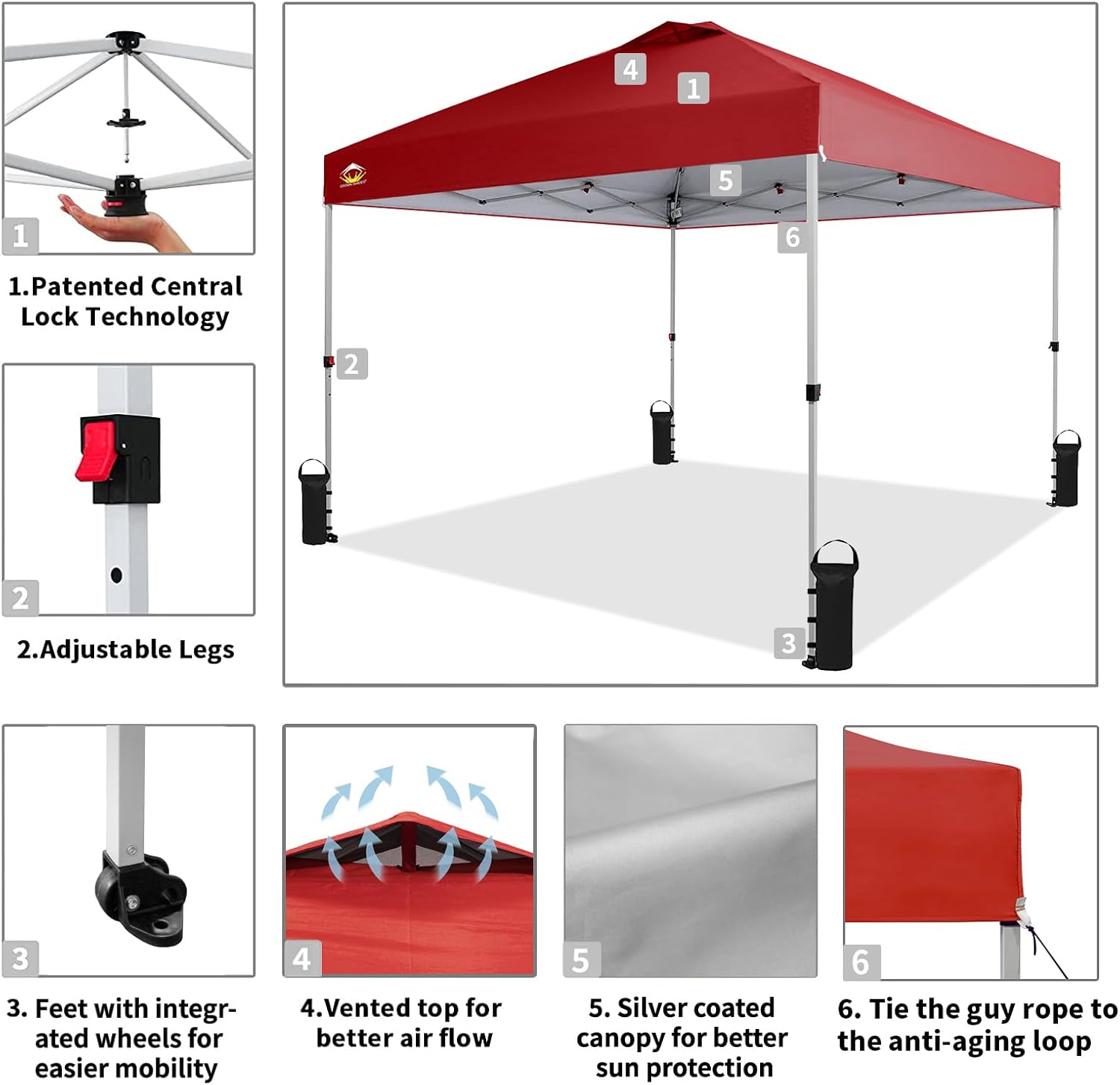 CROWN SHADES 10x10 Pop Up Canopy - Beach Tent with One Push Setup - Easy Outdoor Sun Shade for Events, Parties, Camping - Gazebo with STO-N-Go Cover Bag, Silver Coated Top, Black