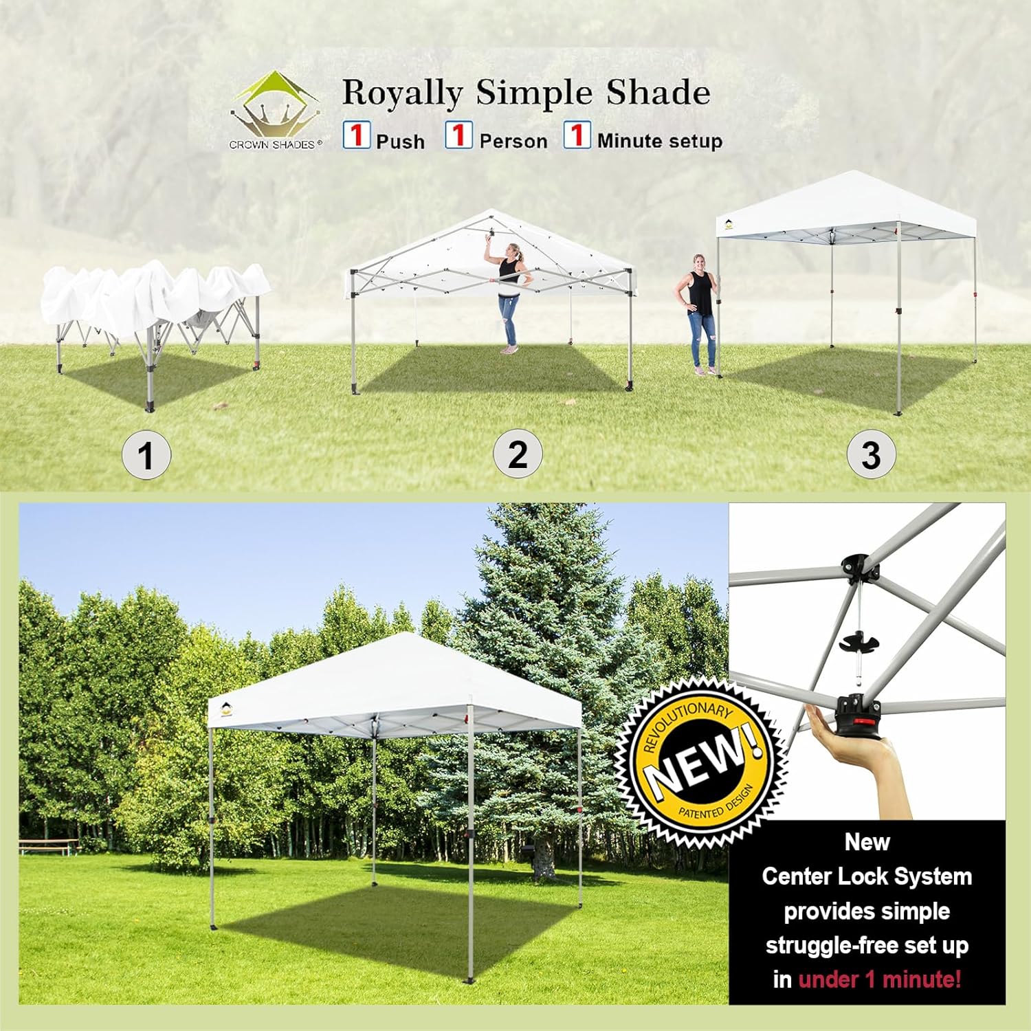 CROWN SHADES 10x10 Pop Up Canopy - Beach Tent with One Push Setup - Easy Outdoor Sun Shade for Events, Parties, Camping - Gazebo with STO-N-Go Cover Bag, Silver Coated Top, Black