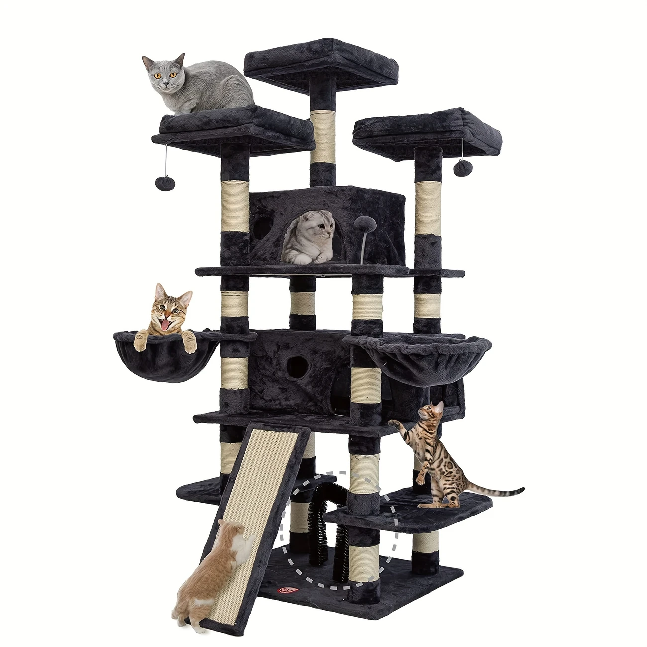 68 Inches Big Multi-Level Cat Tree - Tall Multi-Cats Tower with 2 Big Cat Condo & Cat Hair Brush, 3 Plush Perches & Scratching Posts - Smokey Grey - For Multiple Cats - Encourages Play & Exercise - Perfect Gift for Cat Lovers