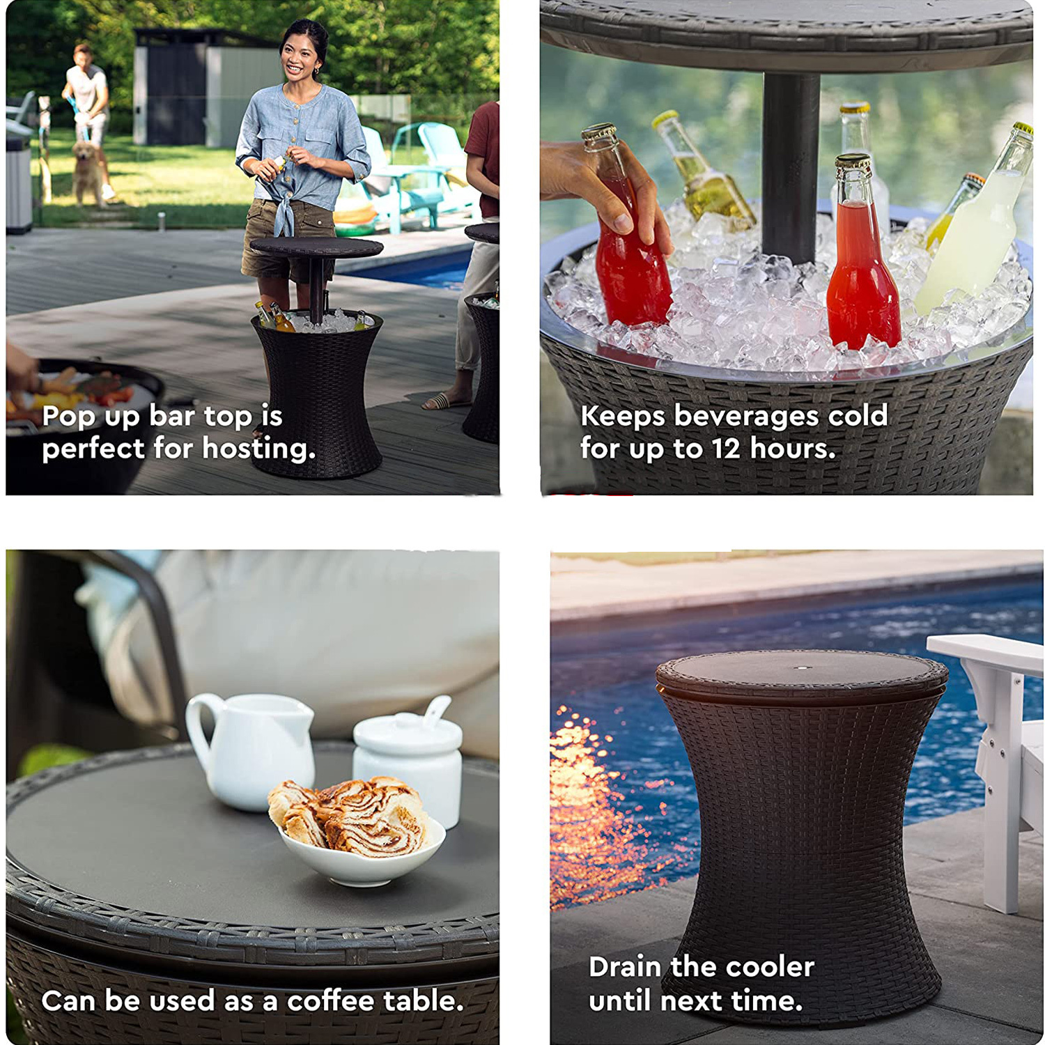 Outdoor patio furniture and hot tub side table with 7.5-gallon beer and wine cooler