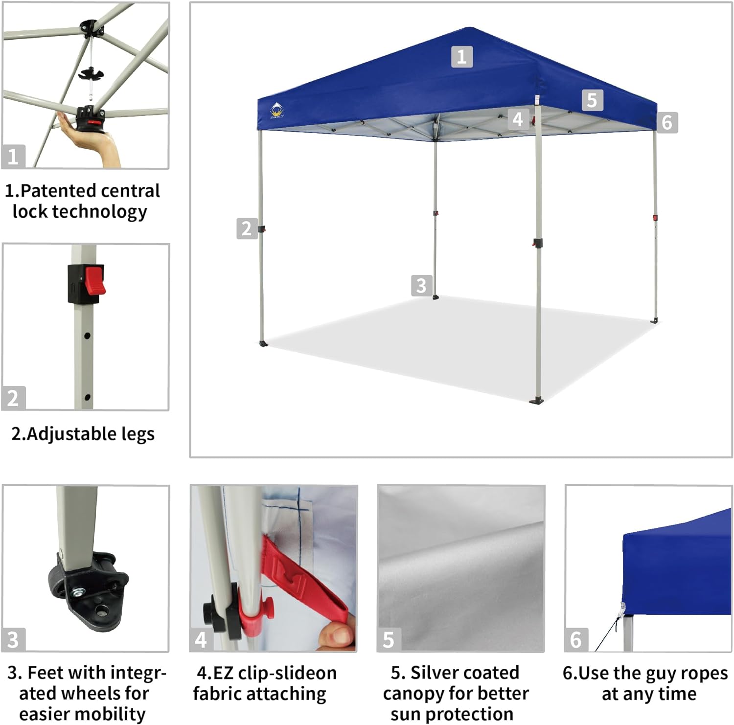 CROWN SHADES 10x10 Pop Up Canopy - Beach Tent with One Push Setup - Easy Outdoor Sun Shade for Events, Parties, Camping - Gazebo with STO-N-Go Cover Bag, Silver Coated Top, Black