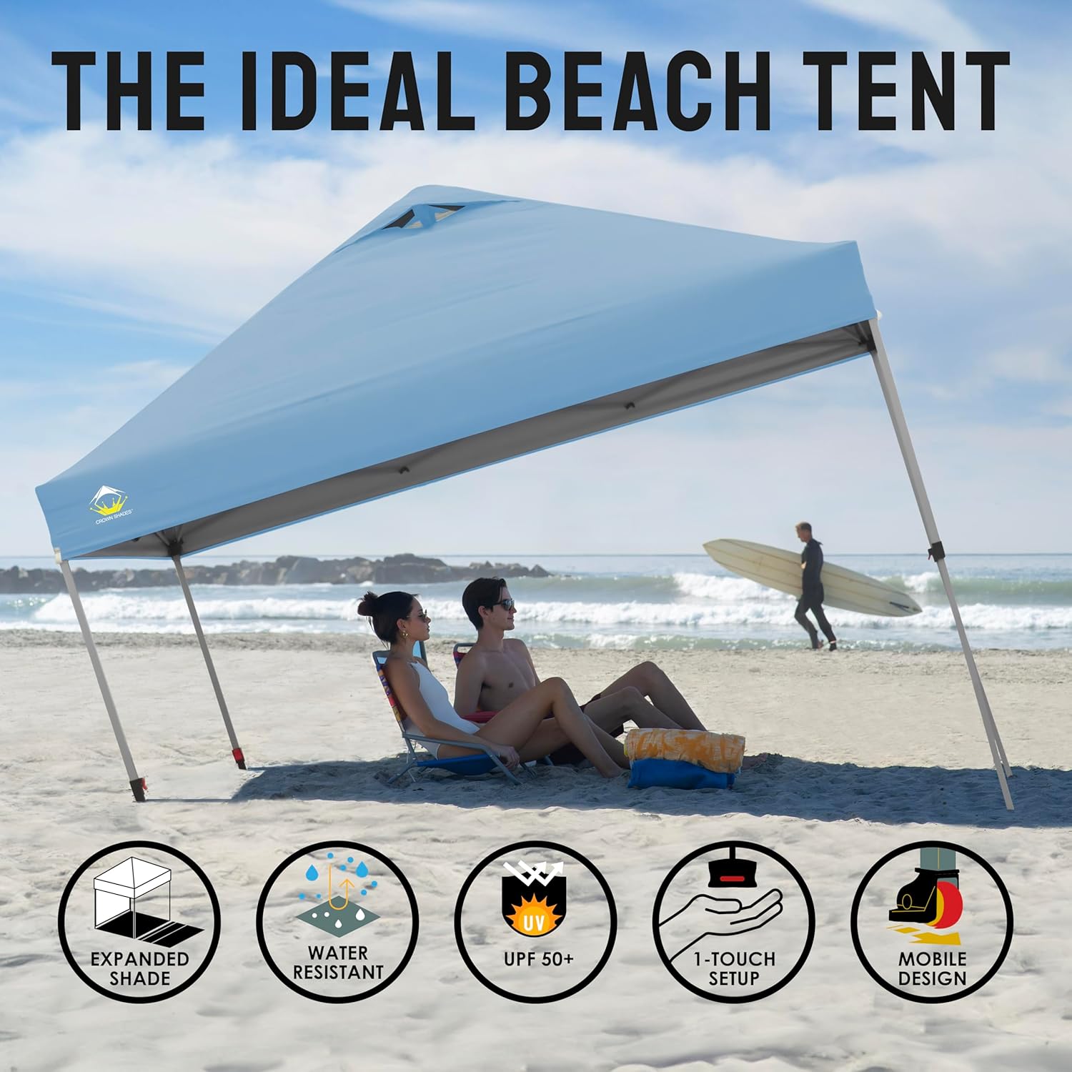CROWN SHADES 10x10 Pop Up Canopy - Beach Tent with One Push Setup - Easy Outdoor Sun Shade for Events, Parties, Camping - Gazebo with STO-N-Go Cover Bag, Silver Coated Top, Black