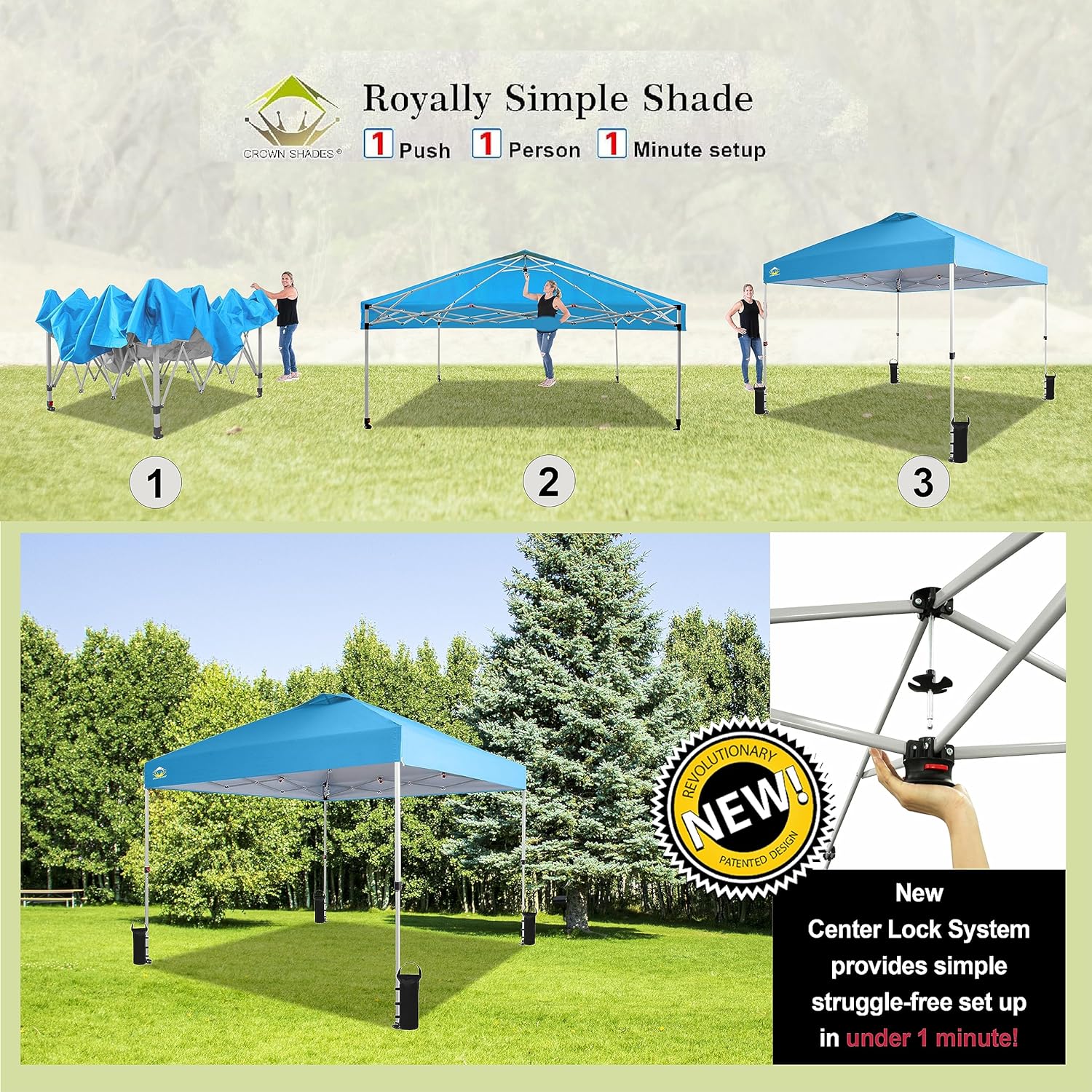 CROWN SHADES 10x10 Pop Up Canopy - Beach Tent with One Push Setup - Easy Outdoor Sun Shade for Events, Parties, Camping - Gazebo with STO-N-Go Cover Bag, Silver Coated Top, Black