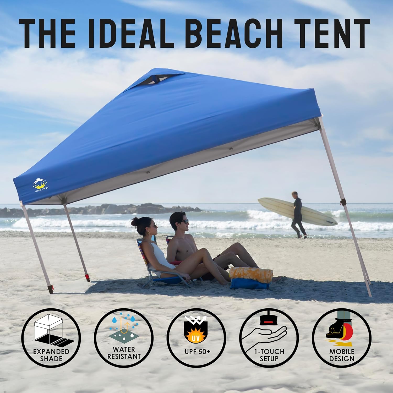 CROWN SHADES 10x10 Pop Up Canopy - Beach Tent with One Push Setup - Easy Outdoor Sun Shade for Events, Parties, Camping - Gazebo with STO-N-Go Cover Bag, Silver Coated Top, Black