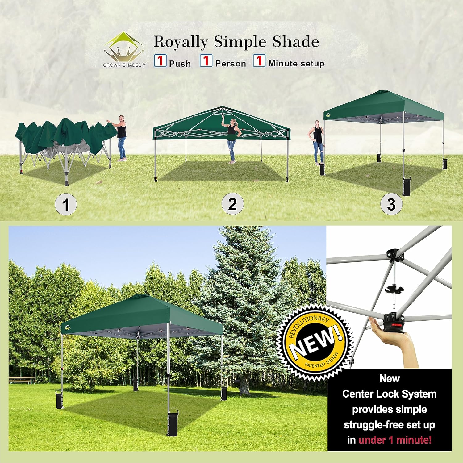 CROWN SHADES 10x10 Pop Up Canopy - Beach Tent with One Push Setup - Easy Outdoor Sun Shade for Events, Parties, Camping - Gazebo with STO-N-Go Cover Bag, Silver Coated Top, Black