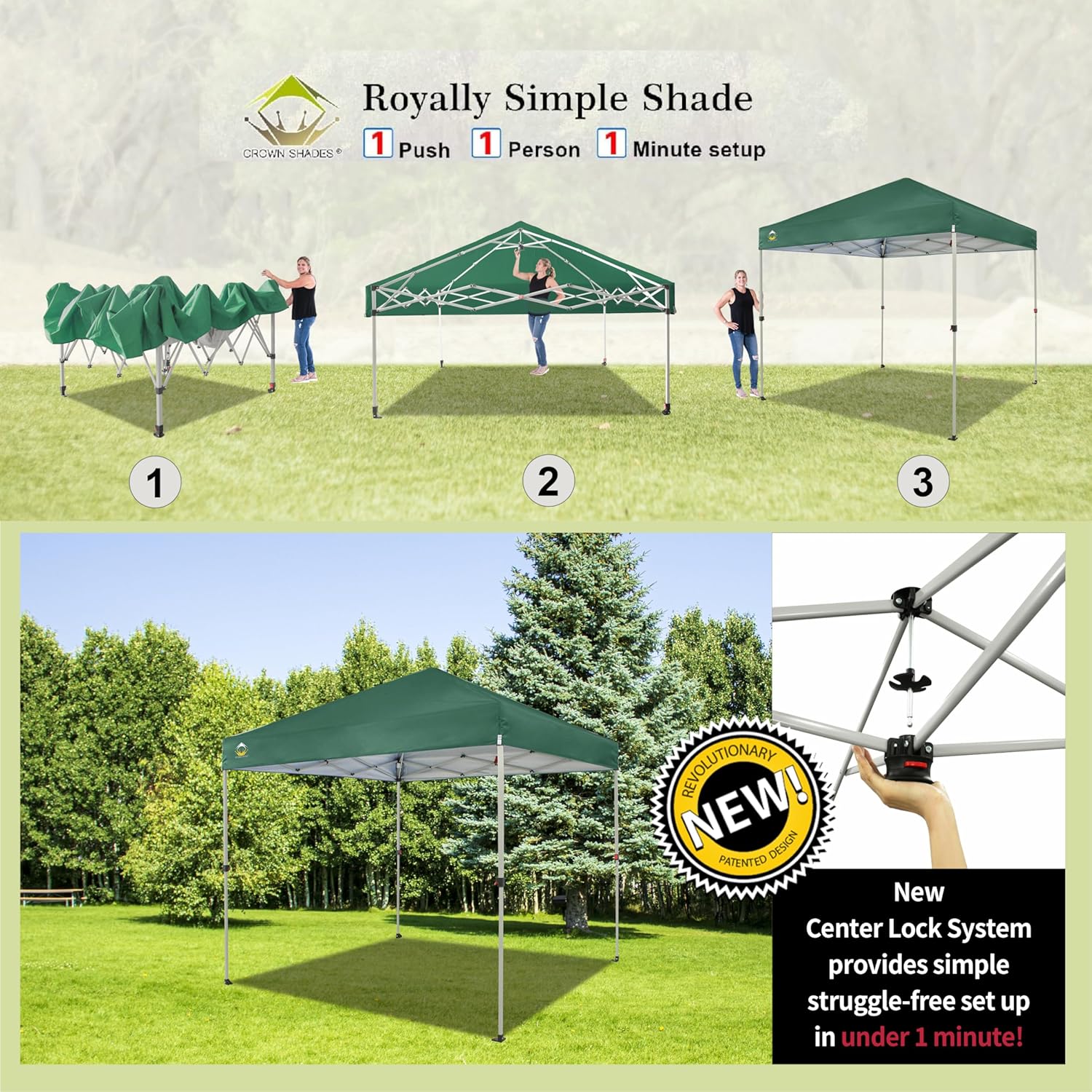 CROWN SHADES 10x10 Pop Up Canopy - Beach Tent with One Push Setup - Easy Outdoor Sun Shade for Events, Parties, Camping - Gazebo with STO-N-Go Cover Bag, Silver Coated Top, Black