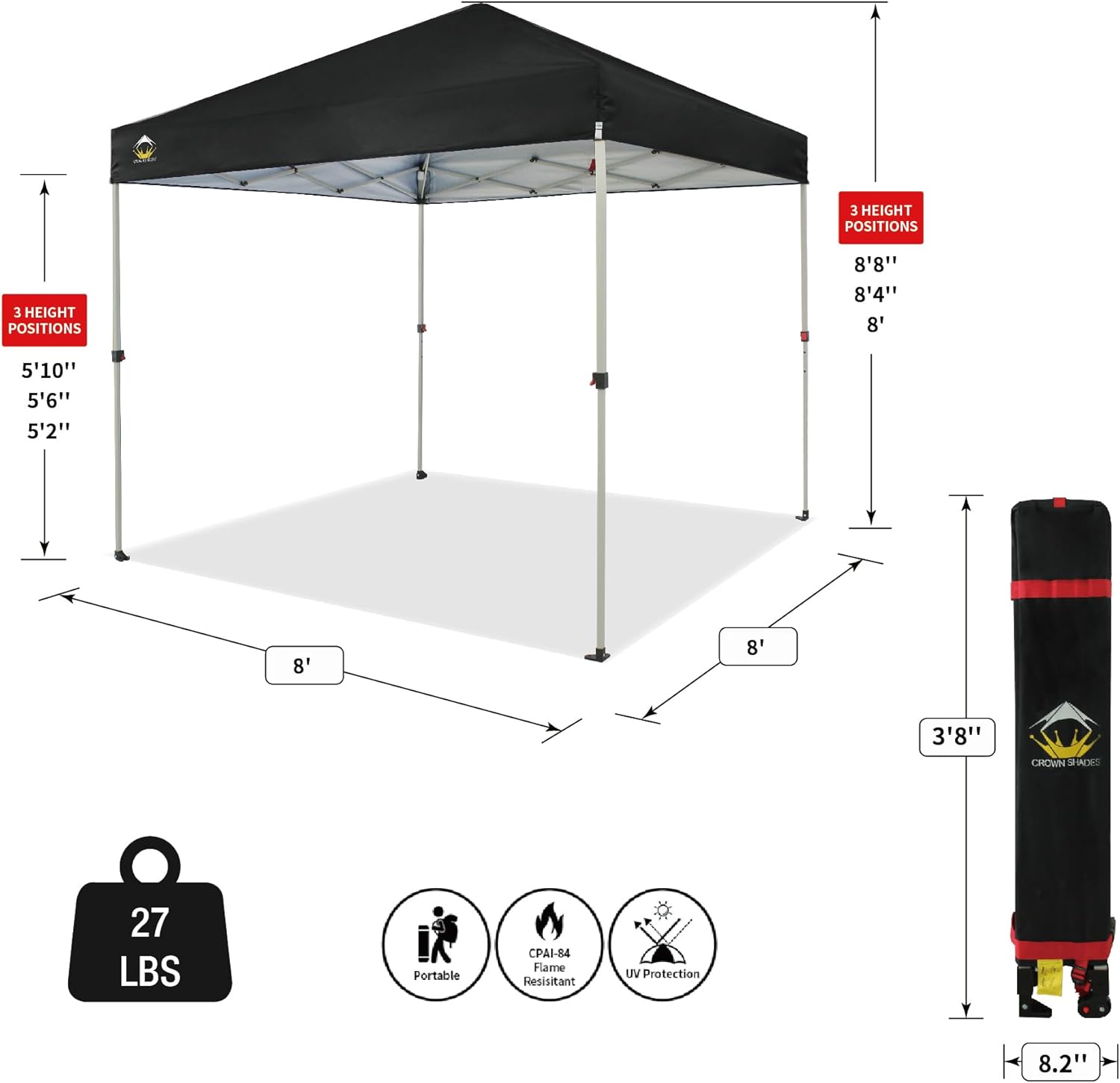 CROWN SHADES 10x10 Pop Up Canopy - Beach Tent with One Push Setup - Easy Outdoor Sun Shade for Events, Parties, Camping - Gazebo with STO-N-Go Cover Bag, Silver Coated Top, Black