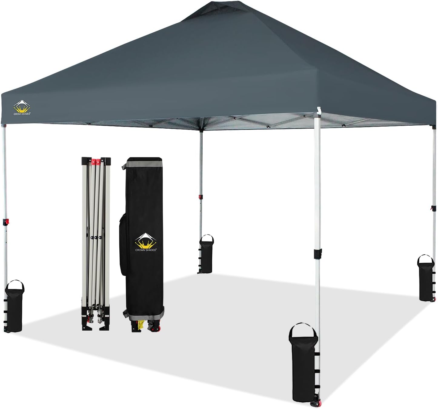 CROWN SHADES 10x10 Pop Up Canopy - Beach Tent with One Push Setup - Easy Outdoor Sun Shade for Events, Parties, Camping - Gazebo with STO-N-Go Cover Bag, Silver Coated Top, Black