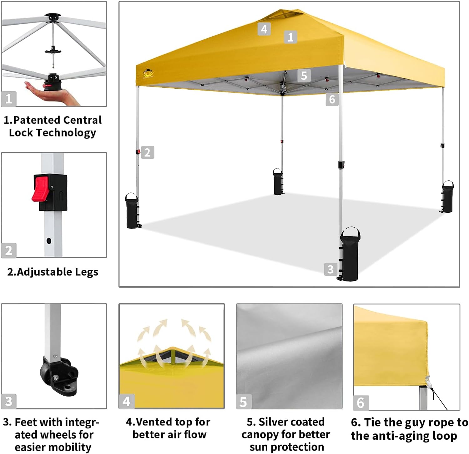 CROWN SHADES 10x10 Pop Up Canopy - Beach Tent with One Push Setup - Easy Outdoor Sun Shade for Events, Parties, Camping - Gazebo with STO-N-Go Cover Bag, Silver Coated Top, Black