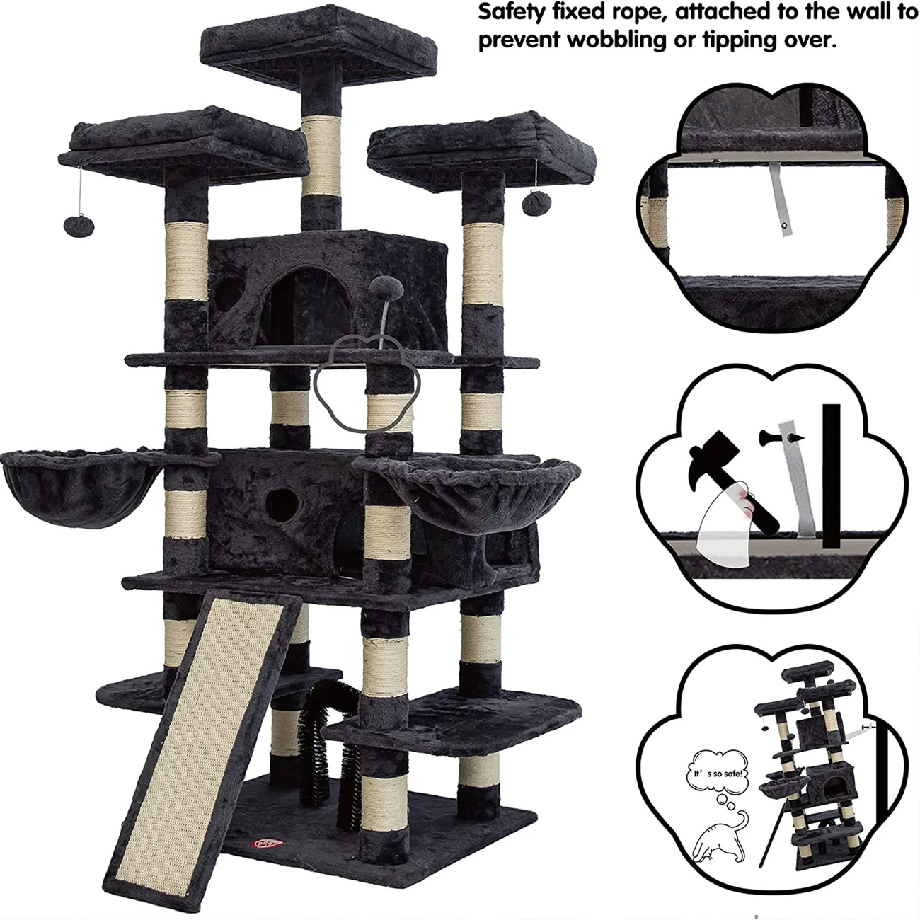 68 Inches Big Multi-Level Cat Tree - Tall Multi-Cats Tower with 2 Big Cat Condo & Cat Hair Brush, 3 Plush Perches & Scratching Posts - Smokey Grey - For Multiple Cats - Encourages Play & Exercise - Perfect Gift for Cat Lovers