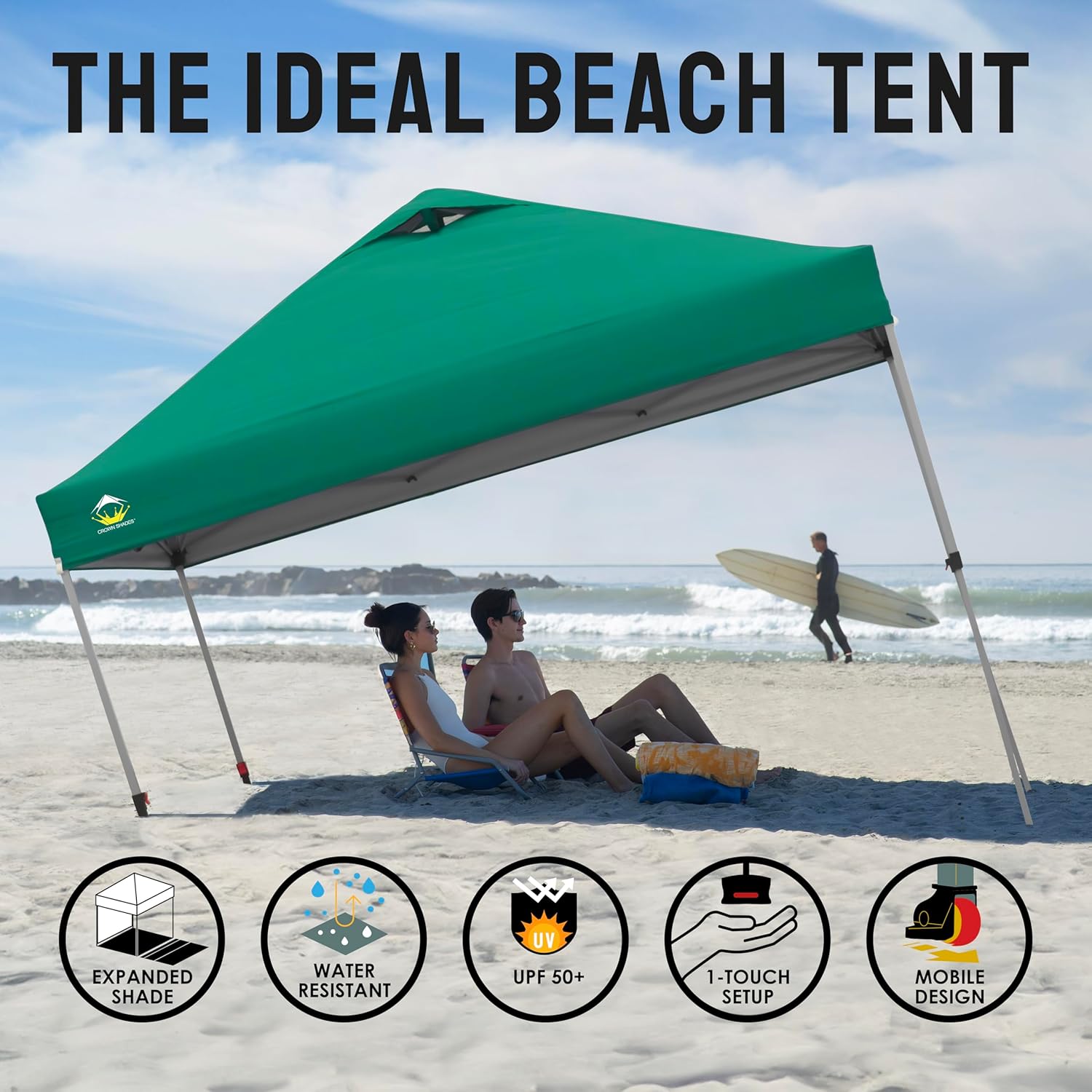 CROWN SHADES 10x10 Pop Up Canopy - Beach Tent with One Push Setup - Easy Outdoor Sun Shade for Events, Parties, Camping - Gazebo with STO-N-Go Cover Bag, Silver Coated Top, Black