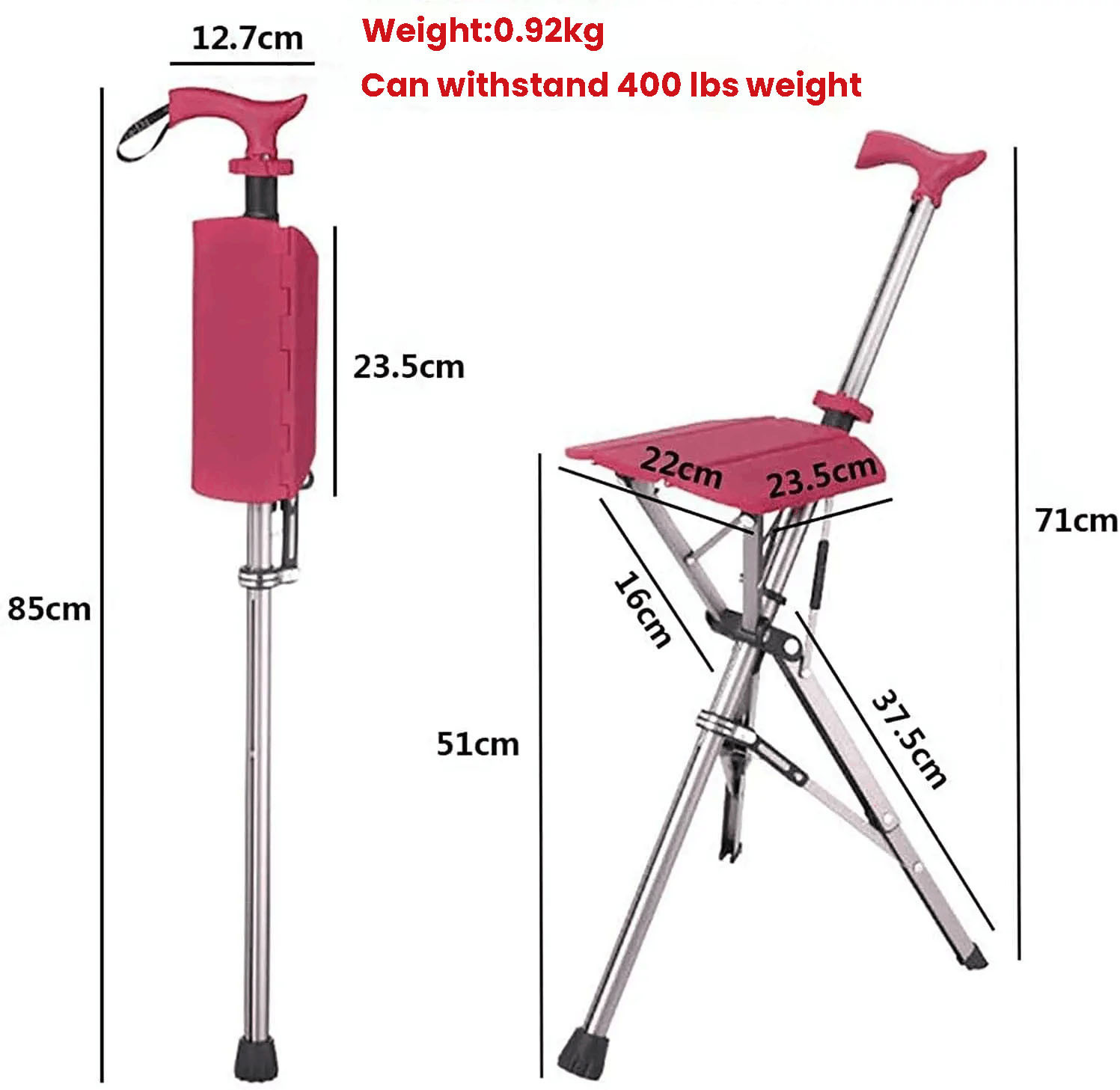 Folding Cane Seat Combo 400 lbs Capacity Portable Cane Stool Handy Folding Crutch Chair Seat 3 Legs Height Adjustable Thick Aluminum Walking Stick Tall Unisex for Elderly