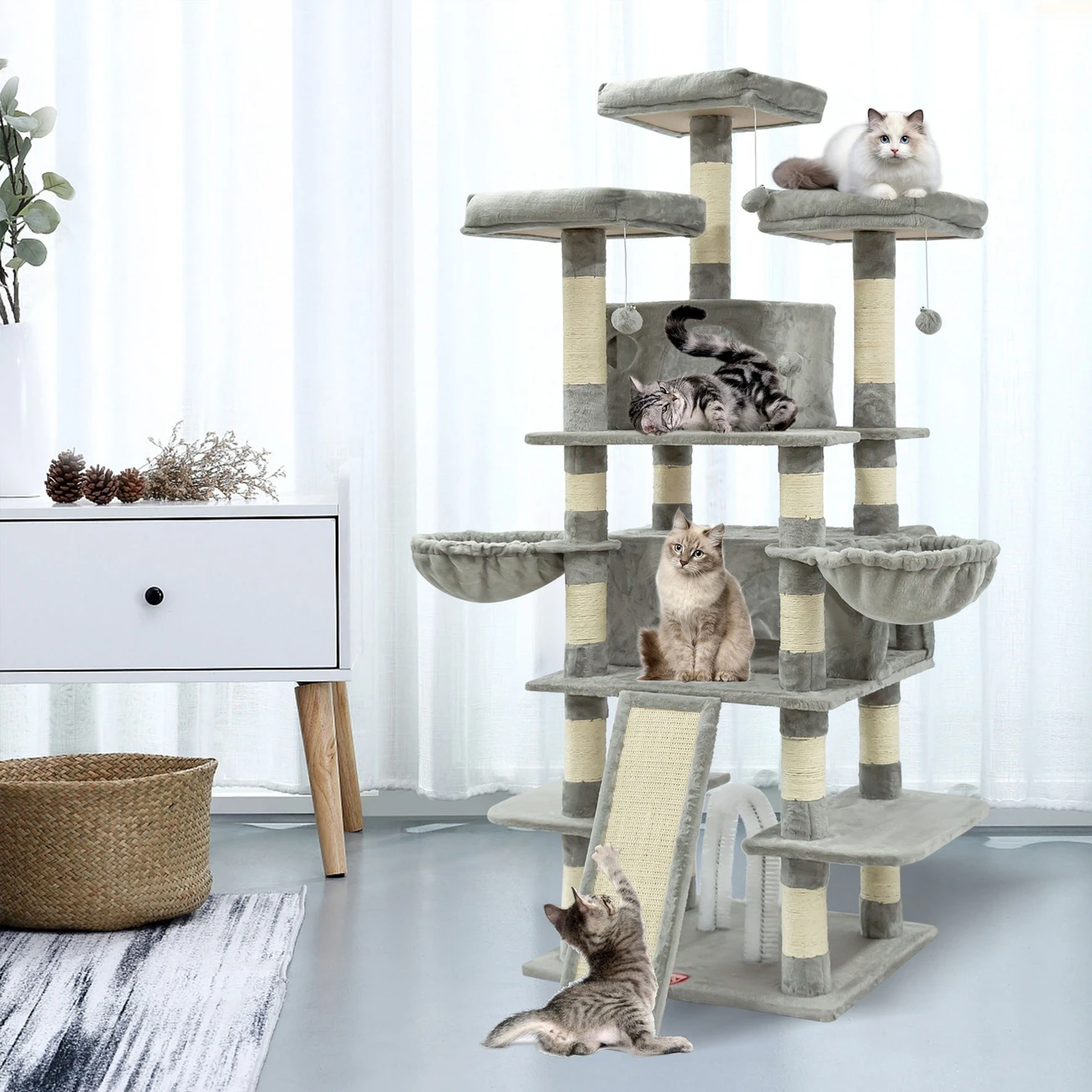68 Inches Big Multi-Level Cat Tree - Tall Multi-Cats Tower with 2 Big Cat Condo & Cat Hair Brush, 3 Plush Perches & Scratching Posts - Smokey Grey - For Multiple Cats - Encourages Play & Exercise - Perfect Gift for Cat Lovers