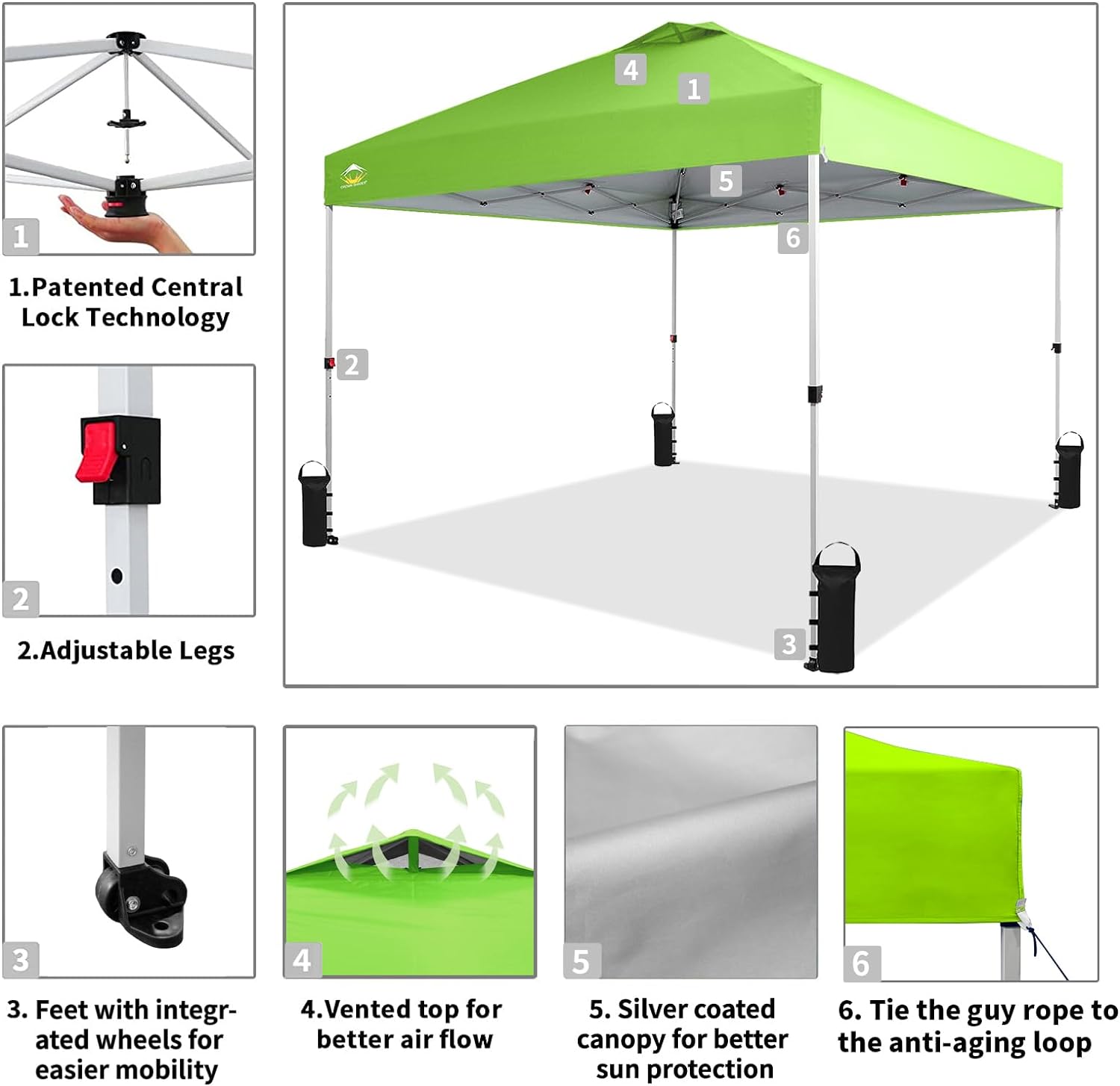 CROWN SHADES 10x10 Pop Up Canopy - Beach Tent with One Push Setup - Easy Outdoor Sun Shade for Events, Parties, Camping - Gazebo with STO-N-Go Cover Bag, Silver Coated Top, Black