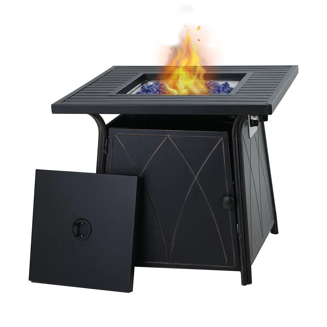 28 Inch 50,000BTU Patio Metal Gas Fire Pit Table With Lid & Blue Fire Glass