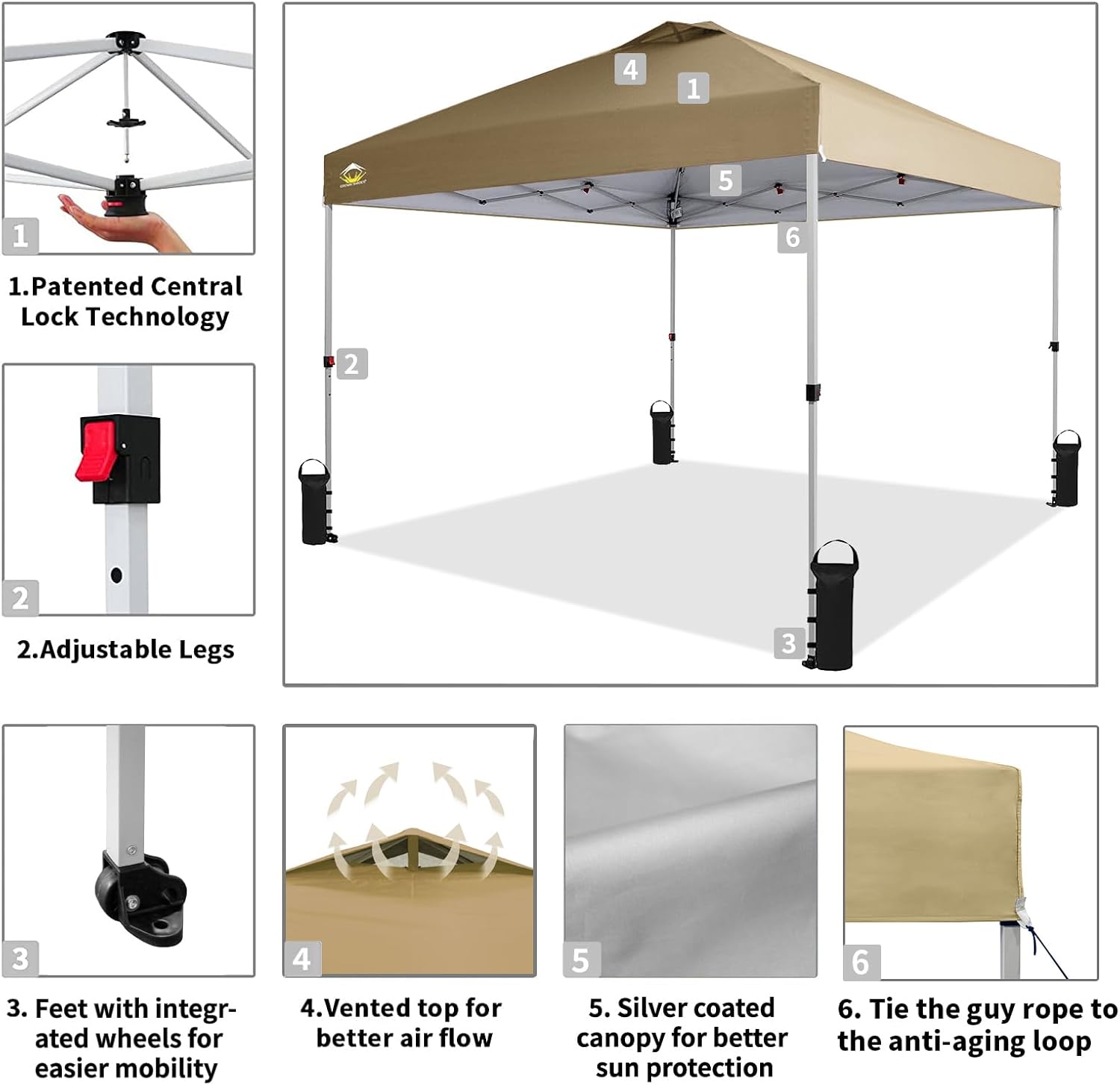 CROWN SHADES 10x10 Pop Up Canopy - Beach Tent with One Push Setup - Easy Outdoor Sun Shade for Events, Parties, Camping - Gazebo with STO-N-Go Cover Bag, Silver Coated Top, Black