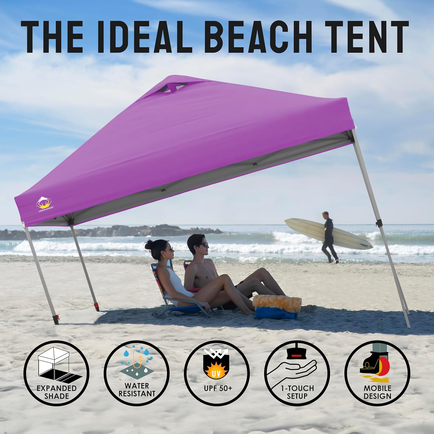 CROWN SHADES 10x10 Pop Up Canopy - Beach Tent with One Push Setup - Easy Outdoor Sun Shade for Events, Parties, Camping - Gazebo with STO-N-Go Cover Bag, Silver Coated Top, Black