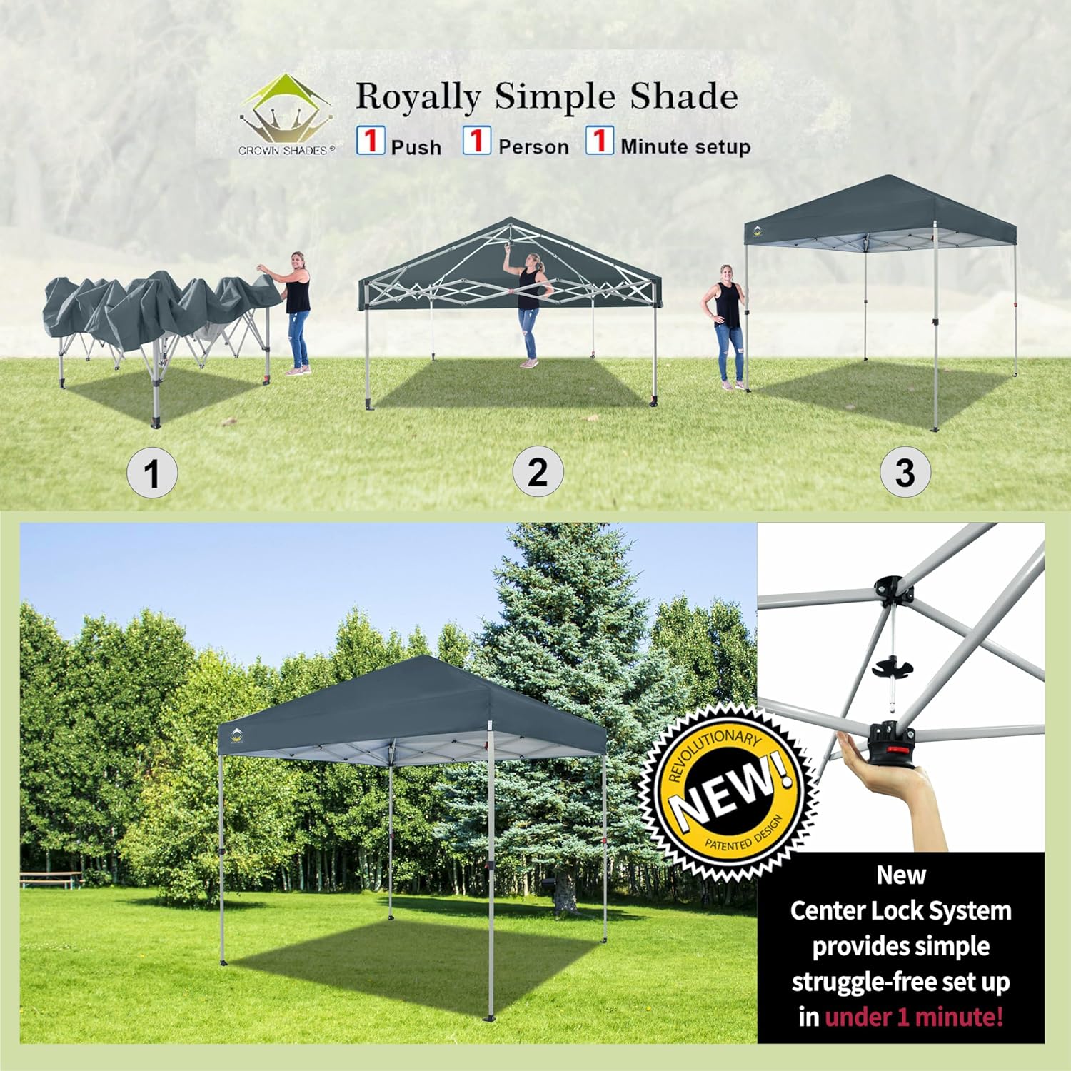 CROWN SHADES 10x10 Pop Up Canopy - Beach Tent with One Push Setup - Easy Outdoor Sun Shade for Events, Parties, Camping - Gazebo with STO-N-Go Cover Bag, Silver Coated Top, Black