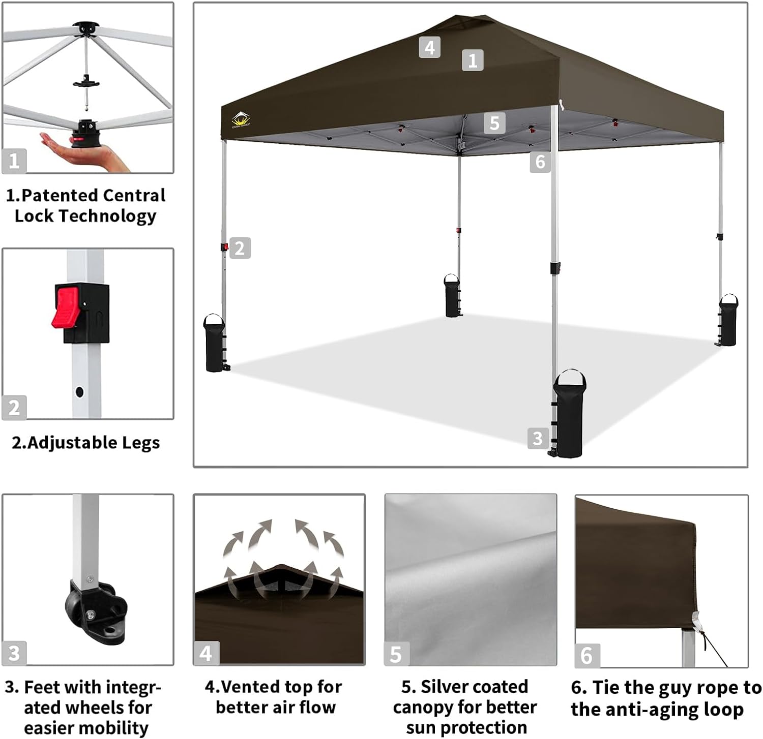 CROWN SHADES 10x10 Pop Up Canopy - Beach Tent with One Push Setup - Easy Outdoor Sun Shade for Events, Parties, Camping - Gazebo with STO-N-Go Cover Bag, Silver Coated Top, Black
