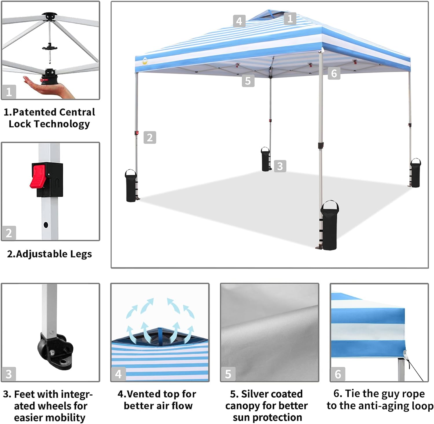 CROWN SHADES 10x10 Pop Up Canopy - Beach Tent with One Push Setup - Easy Outdoor Sun Shade for Events, Parties, Camping - Gazebo with STO-N-Go Cover Bag, Silver Coated Top, Black
