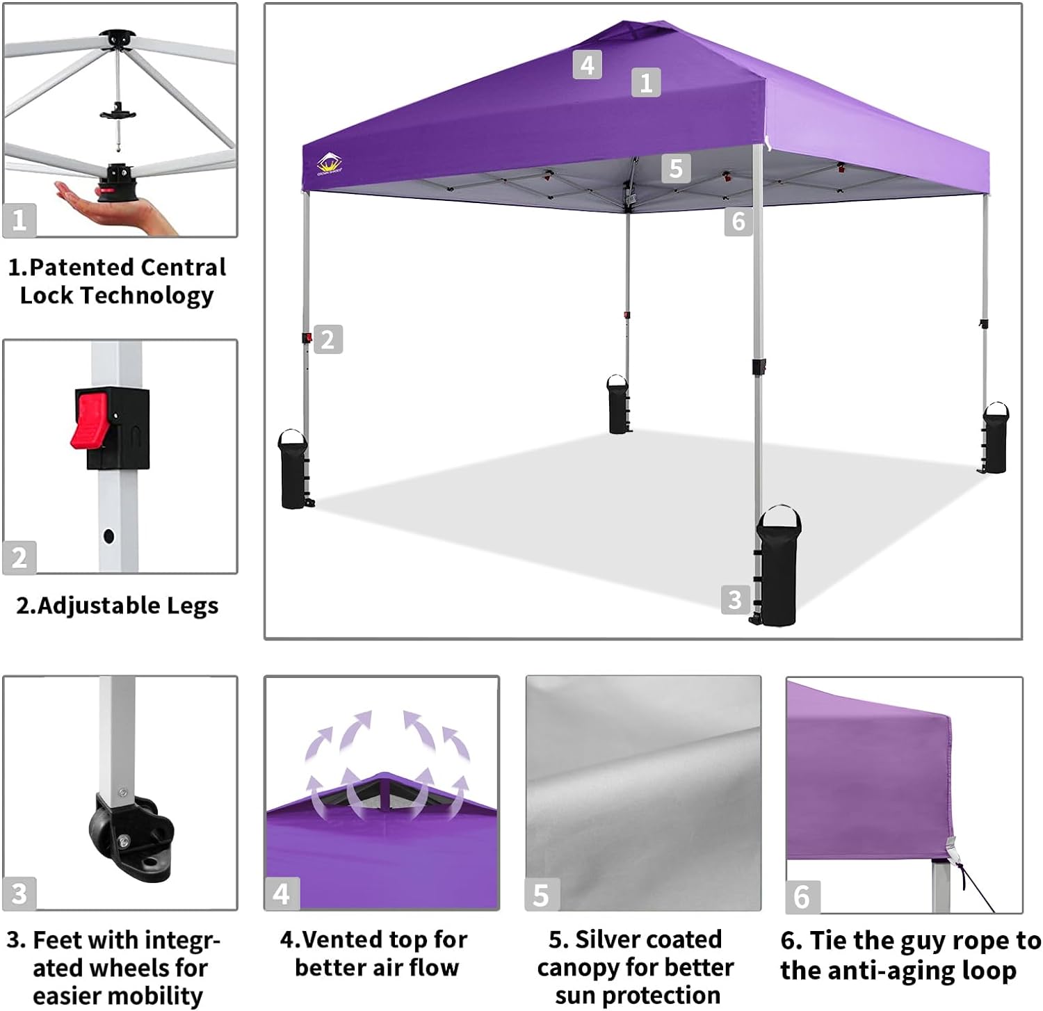 CROWN SHADES 10x10 Pop Up Canopy - Beach Tent with One Push Setup - Easy Outdoor Sun Shade for Events, Parties, Camping - Gazebo with STO-N-Go Cover Bag, Silver Coated Top, Black