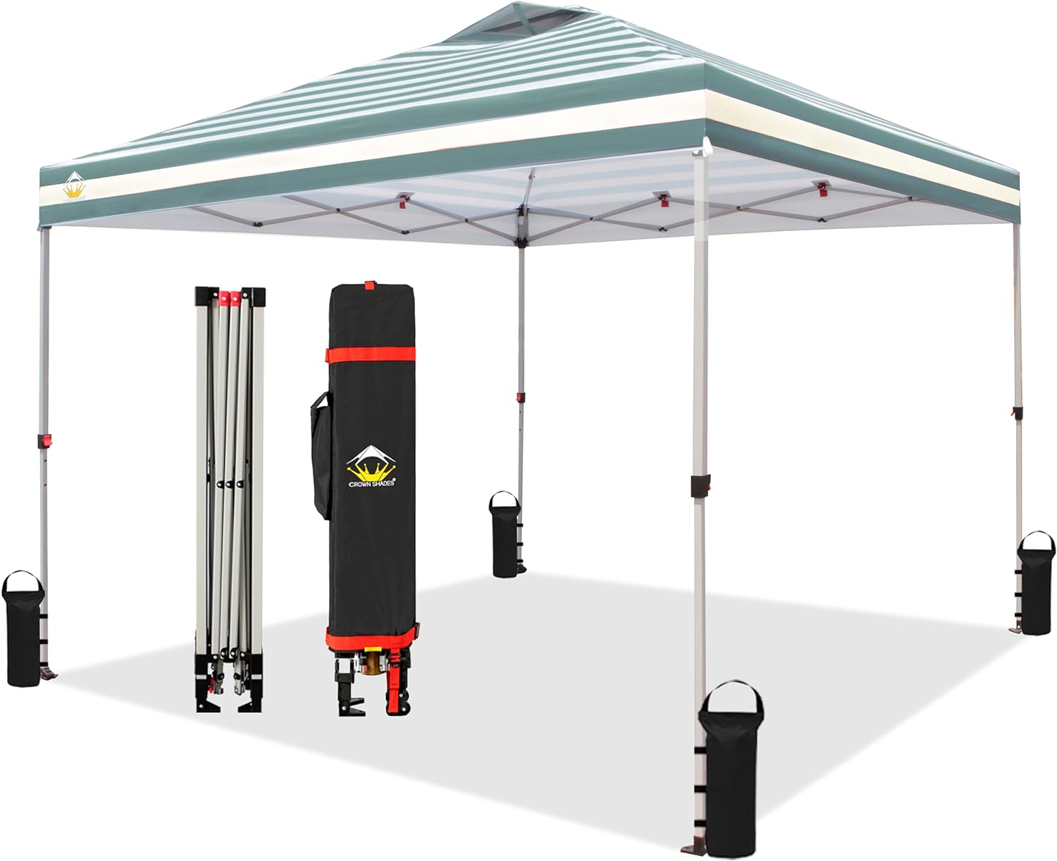 CROWN SHADES 10x10 Pop Up Canopy - Beach Tent with One Push Setup - Easy Outdoor Sun Shade for Events, Parties, Camping - Gazebo with STO-N-Go Cover Bag, Silver Coated Top, Black