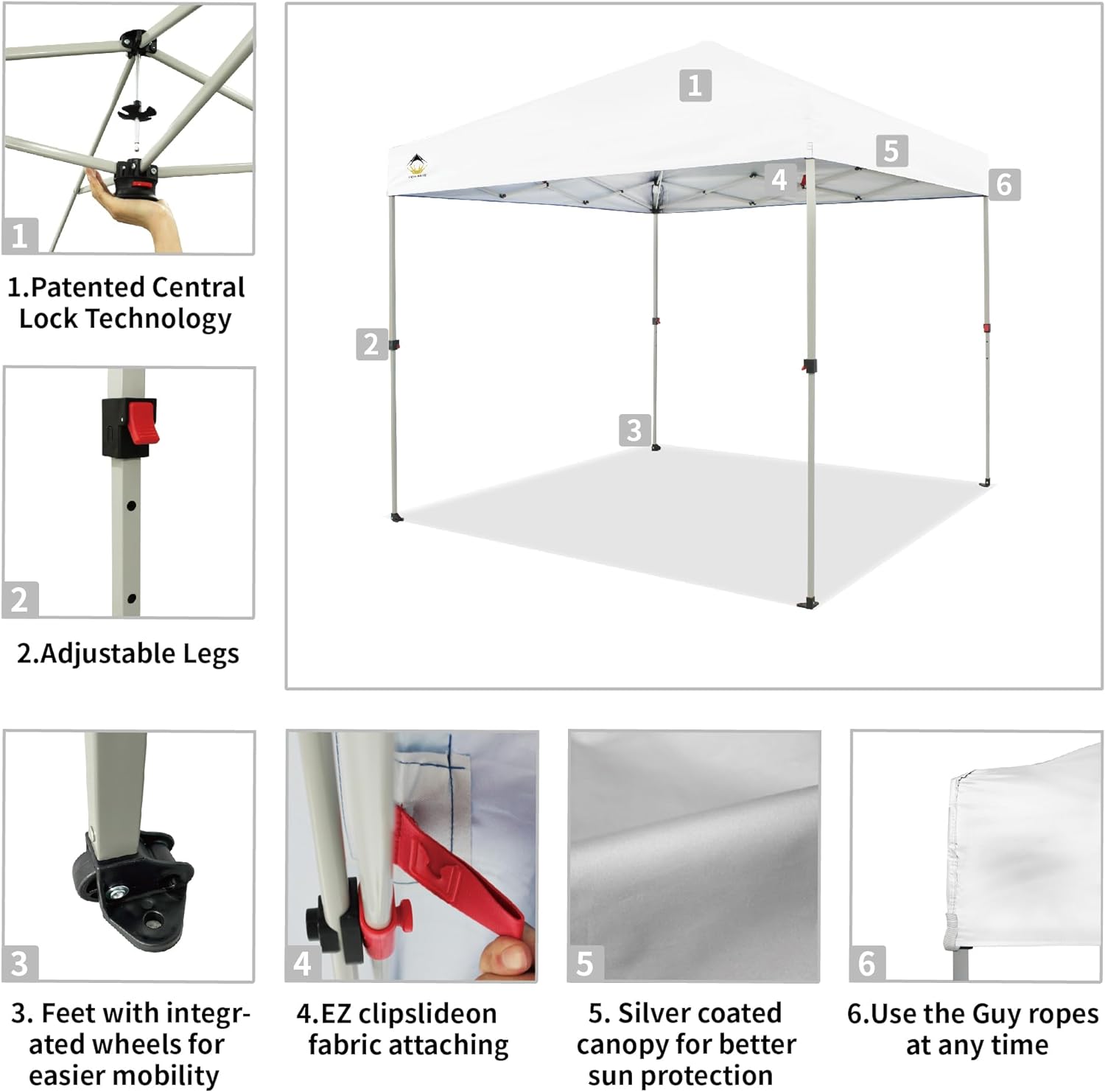 CROWN SHADES 10x10 Pop Up Canopy - Beach Tent with One Push Setup - Easy Outdoor Sun Shade for Events, Parties, Camping - Gazebo with STO-N-Go Cover Bag, Silver Coated Top, Black