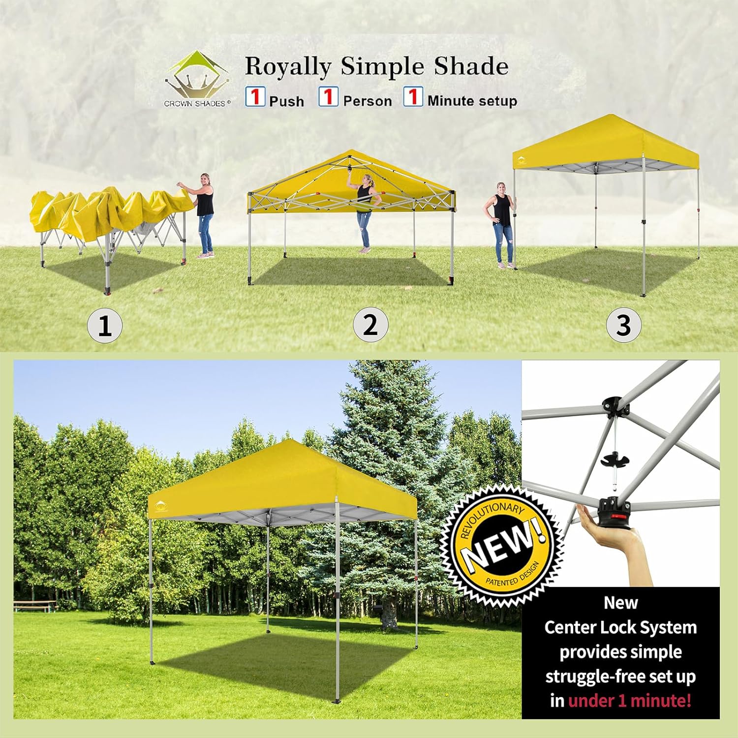 CROWN SHADES 10x10 Pop Up Canopy - Beach Tent with One Push Setup - Easy Outdoor Sun Shade for Events, Parties, Camping - Gazebo with STO-N-Go Cover Bag, Silver Coated Top, Black