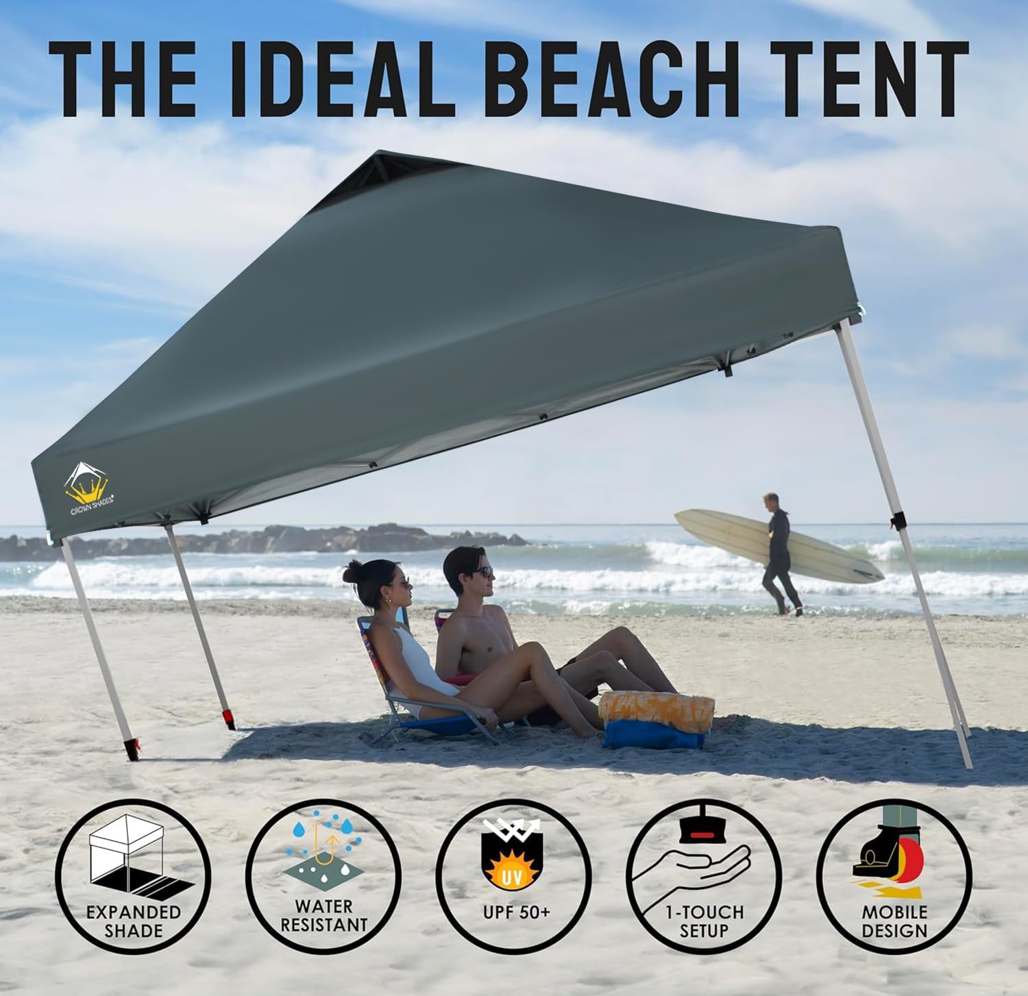 CROWN SHADES 10x10 Pop Up Canopy - Beach Tent with One Push Setup - Easy Outdoor Sun Shade for Events, Parties, Camping - Gazebo with STO-N-Go Cover Bag, Silver Coated Top, Black