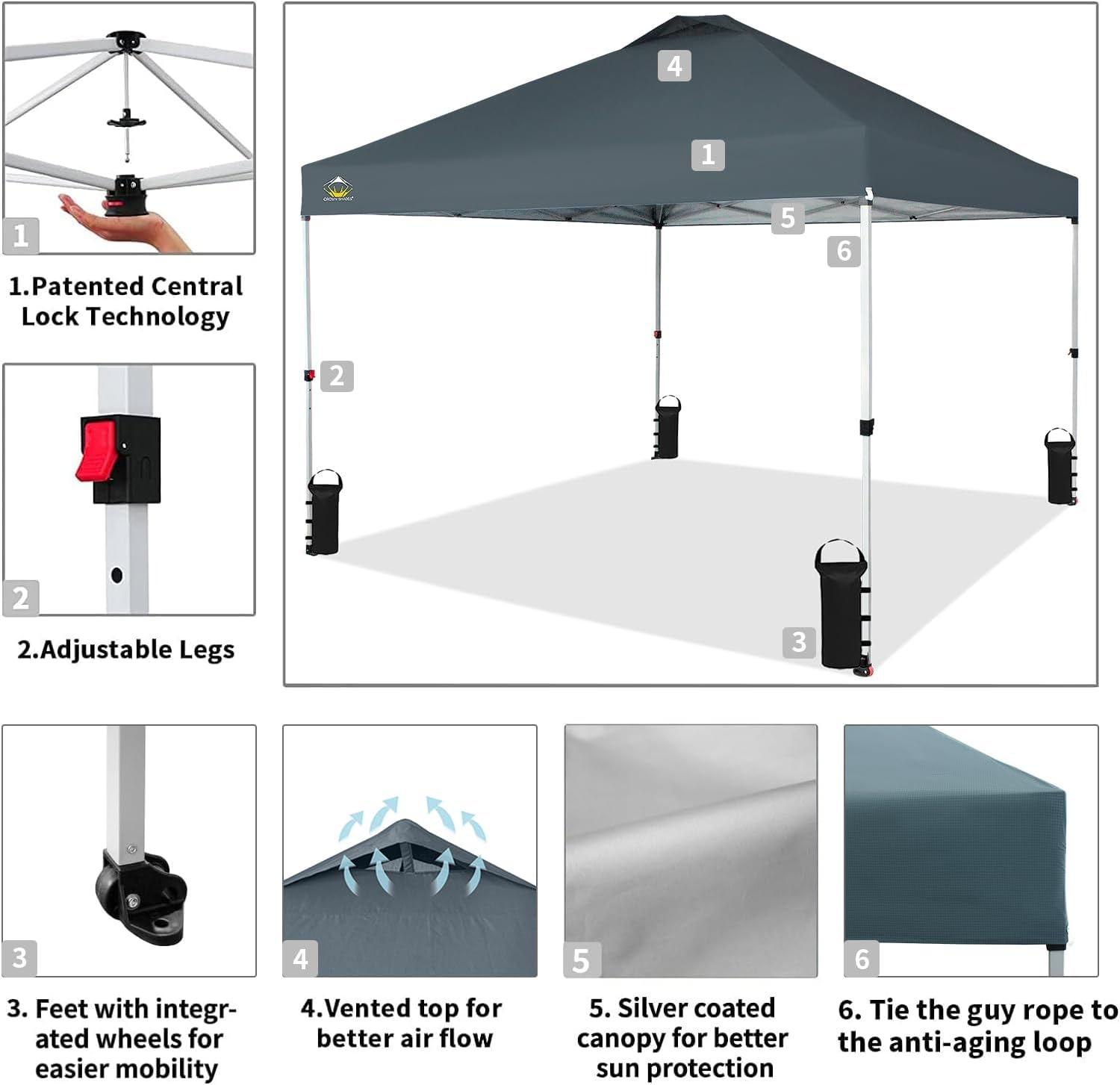CROWN SHADES 10x10 Pop Up Canopy - Beach Tent with One Push Setup - Easy Outdoor Sun Shade for Events, Parties, Camping - Gazebo with STO-N-Go Cover Bag, Silver Coated Top, Black