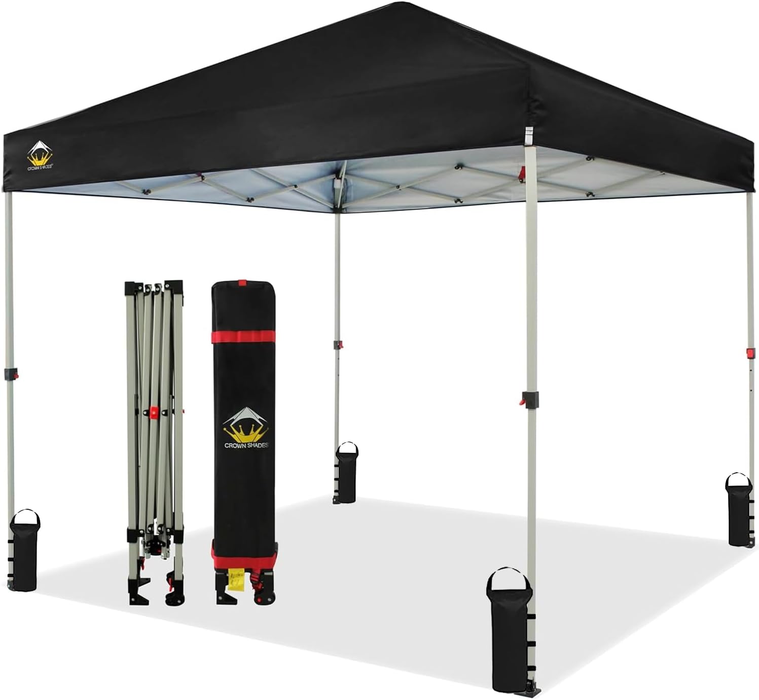 CROWN SHADES 10x10 Pop Up Canopy - Beach Tent with One Push Setup - Easy Outdoor Sun Shade for Events, Parties, Camping - Gazebo with STO-N-Go Cover Bag, Silver Coated Top, Black