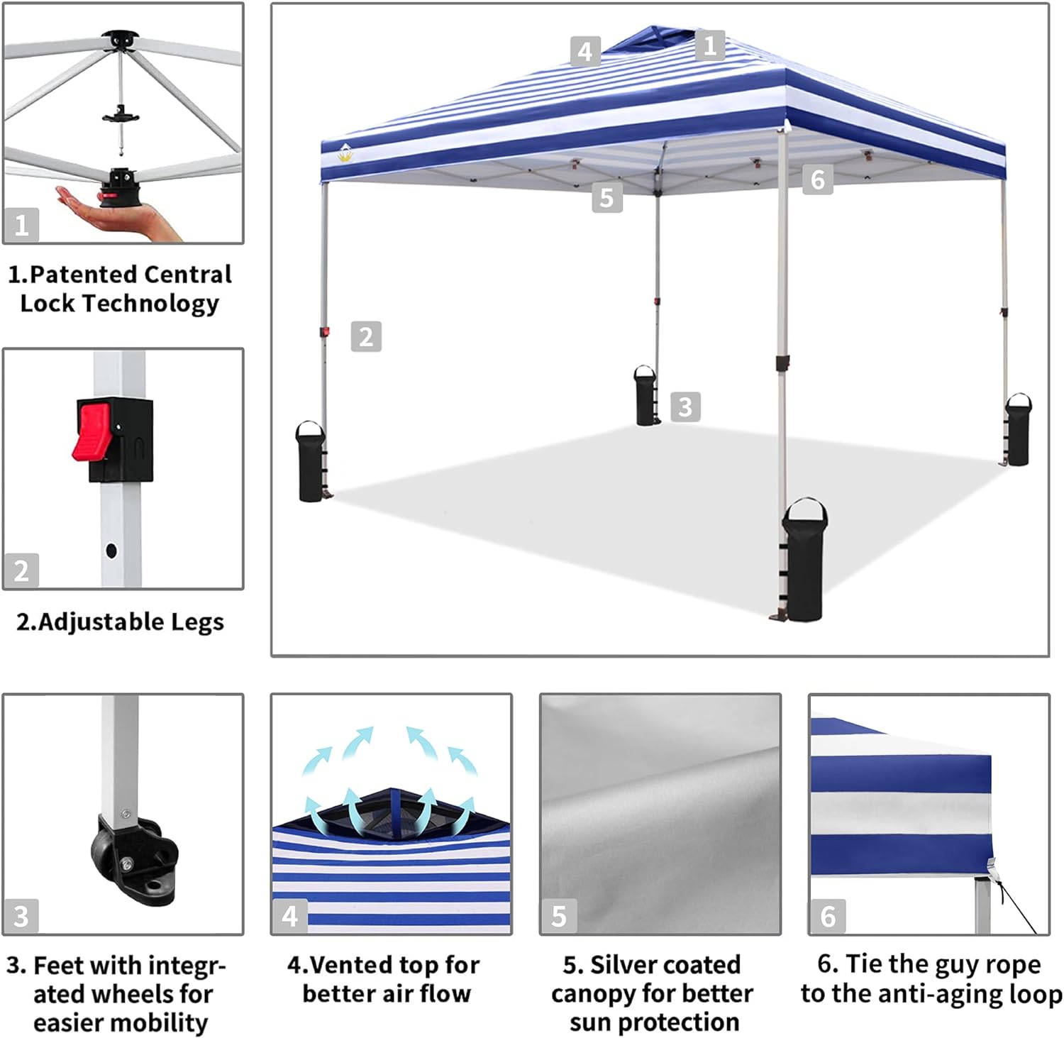 CROWN SHADES 10x10 Pop Up Canopy - Beach Tent with One Push Setup - Easy Outdoor Sun Shade for Events, Parties, Camping - Gazebo with STO-N-Go Cover Bag, Silver Coated Top, Black