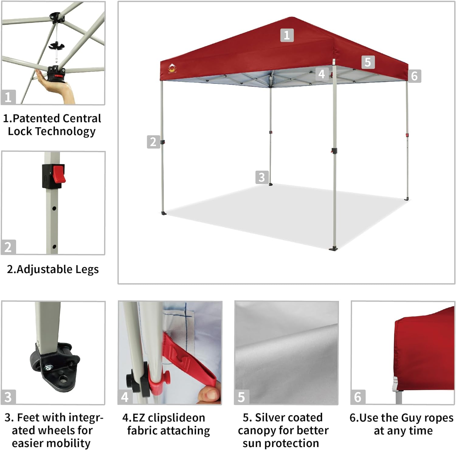 CROWN SHADES 10x10 Pop Up Canopy - Beach Tent with One Push Setup - Easy Outdoor Sun Shade for Events, Parties, Camping - Gazebo with STO-N-Go Cover Bag, Silver Coated Top, Black