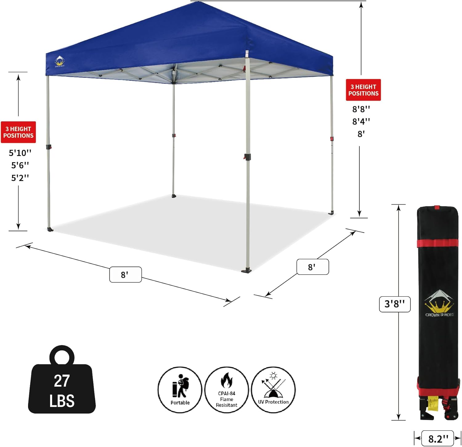 CROWN SHADES 10x10 Pop Up Canopy - Beach Tent with One Push Setup - Easy Outdoor Sun Shade for Events, Parties, Camping - Gazebo with STO-N-Go Cover Bag, Silver Coated Top, Black