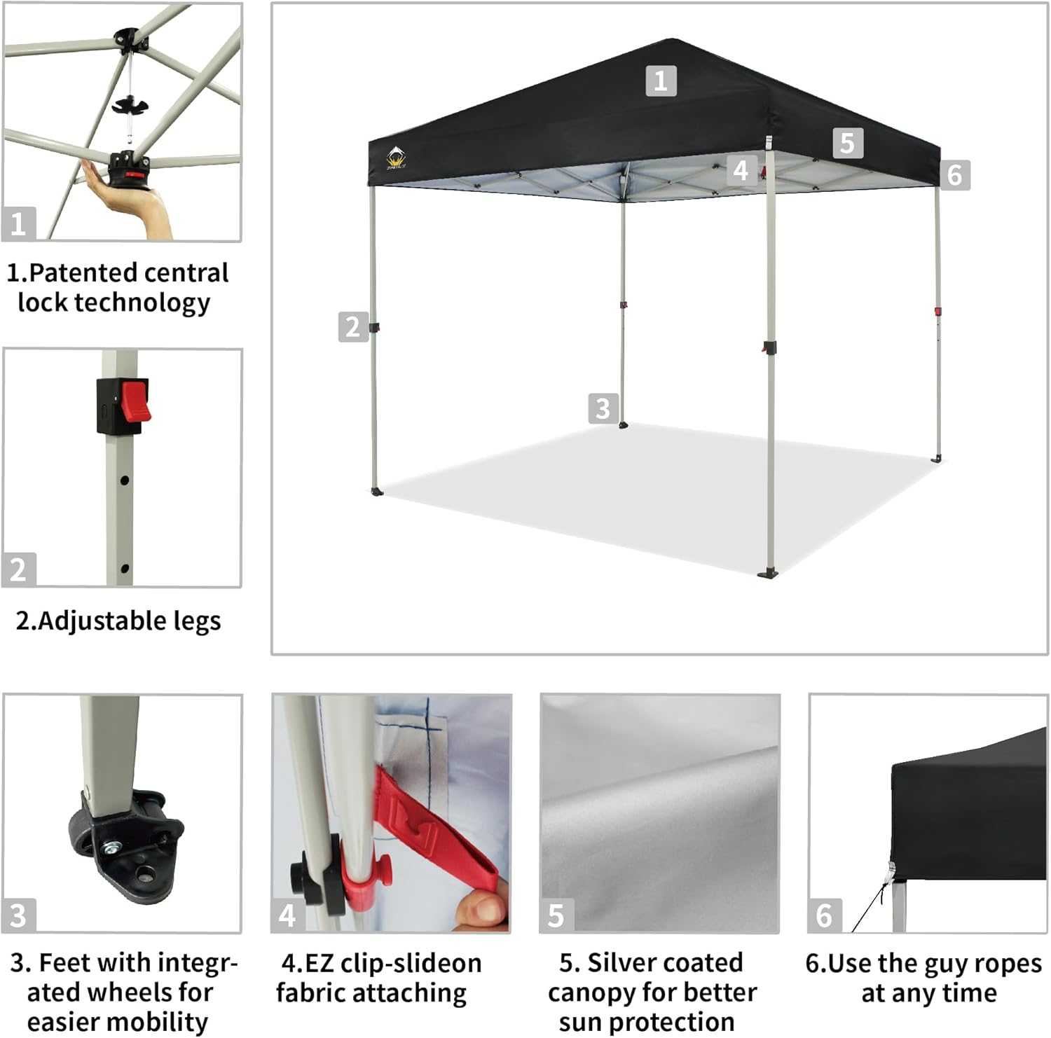 CROWN SHADES 10x10 Pop Up Canopy - Beach Tent with One Push Setup - Easy Outdoor Sun Shade for Events, Parties, Camping - Gazebo with STO-N-Go Cover Bag, Silver Coated Top, Black
