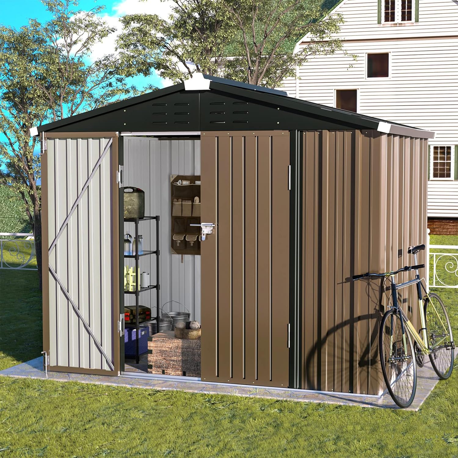 UDPATIO Metal Outdoor Storage Shed 8FT x 6FT, Outside Lockable Metal Garden Shed Steel Anti-Corrosion Outdoor Storage House with Lockable Door for Trash Can, Bike, Backyard Garden Patio