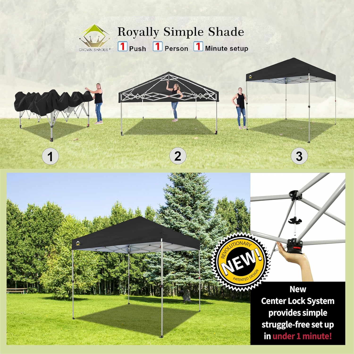 CROWN SHADES 10x10 Pop Up Canopy - Beach Tent with One Push Setup - Easy Outdoor Sun Shade for Events, Parties, Camping - Gazebo with STO-N-Go Cover Bag, Silver Coated Top, Black