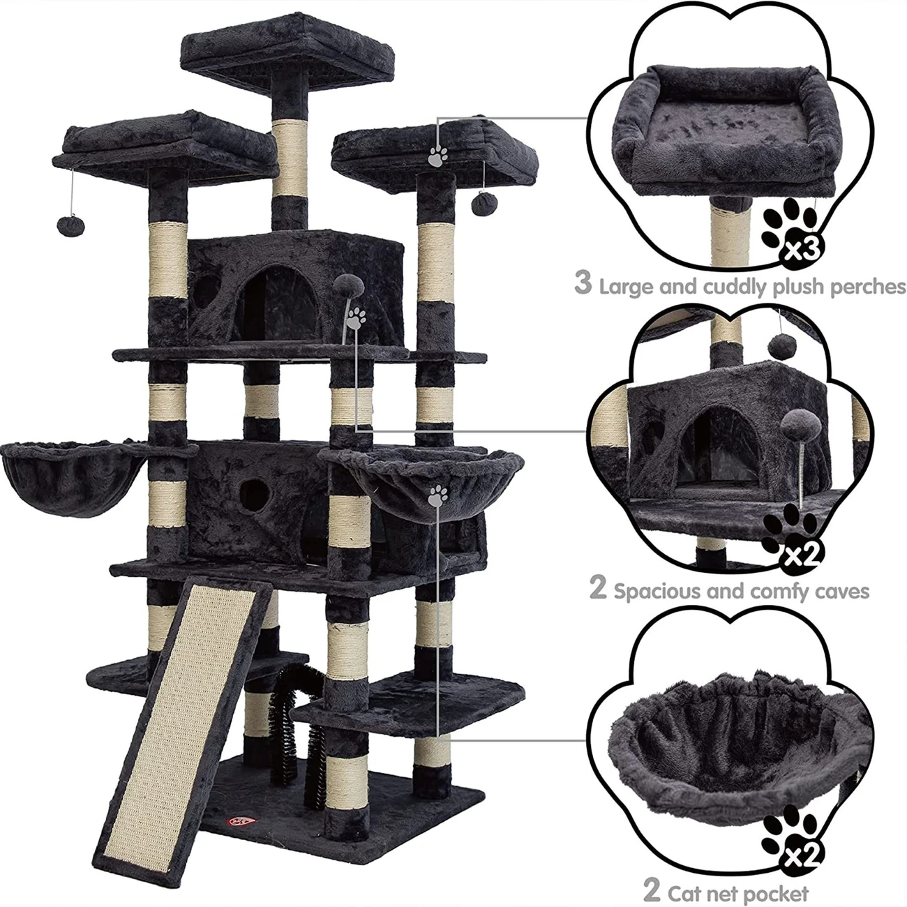 68 Inches Big Multi-Level Cat Tree - Tall Multi-Cats Tower with 2 Big Cat Condo & Cat Hair Brush, 3 Plush Perches & Scratching Posts - Smokey Grey - For Multiple Cats - Encourages Play & Exercise - Perfect Gift for Cat Lovers