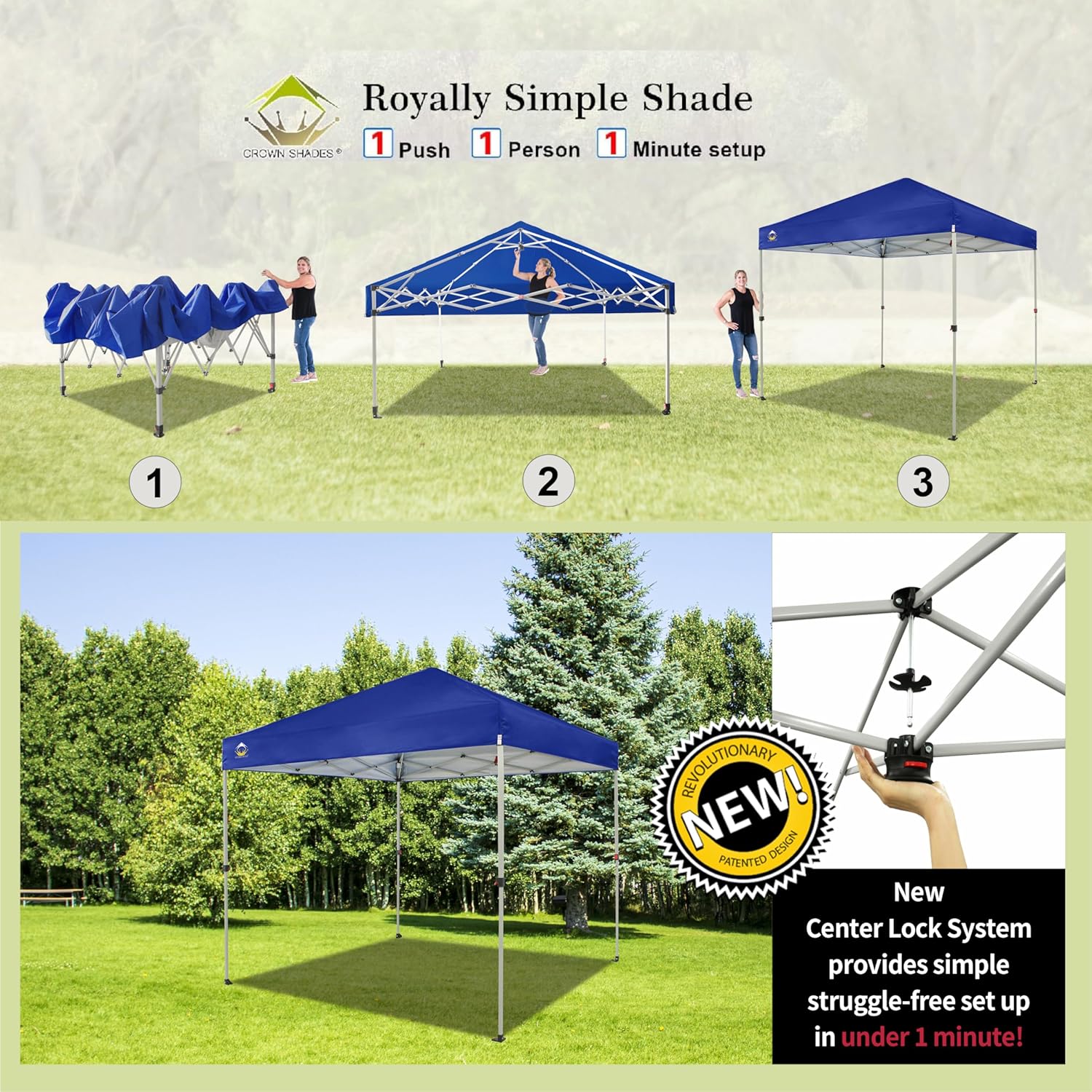 CROWN SHADES 10x10 Pop Up Canopy - Beach Tent with One Push Setup - Easy Outdoor Sun Shade for Events, Parties, Camping - Gazebo with STO-N-Go Cover Bag, Silver Coated Top, Black