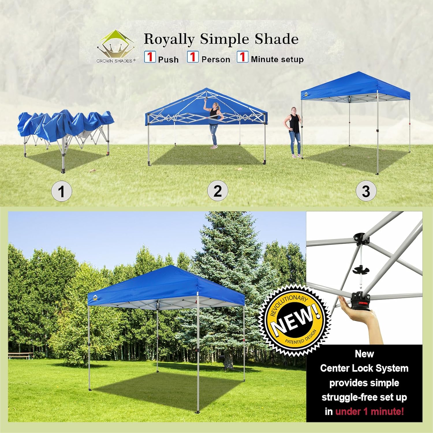 CROWN SHADES 10x10 Pop Up Canopy - Beach Tent with One Push Setup - Easy Outdoor Sun Shade for Events, Parties, Camping - Gazebo with STO-N-Go Cover Bag, Silver Coated Top, Black