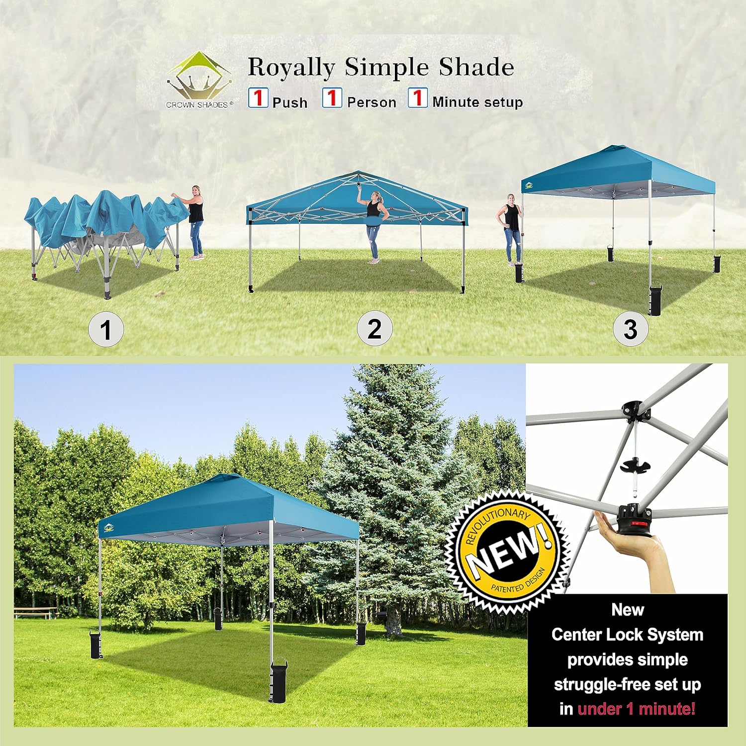 CROWN SHADES 10x10 Pop Up Canopy - Beach Tent with One Push Setup - Easy Outdoor Sun Shade for Events, Parties, Camping - Gazebo with STO-N-Go Cover Bag, Silver Coated Top, Black