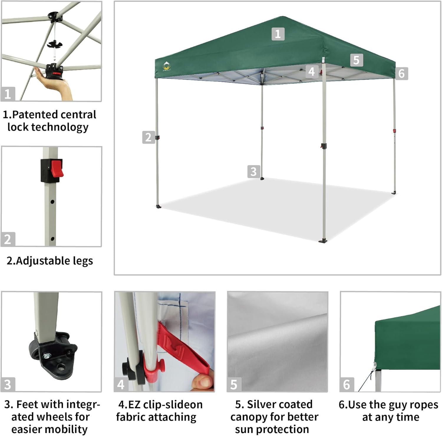 CROWN SHADES 10x10 Pop Up Canopy - Beach Tent with One Push Setup - Easy Outdoor Sun Shade for Events, Parties, Camping - Gazebo with STO-N-Go Cover Bag, Silver Coated Top, Black