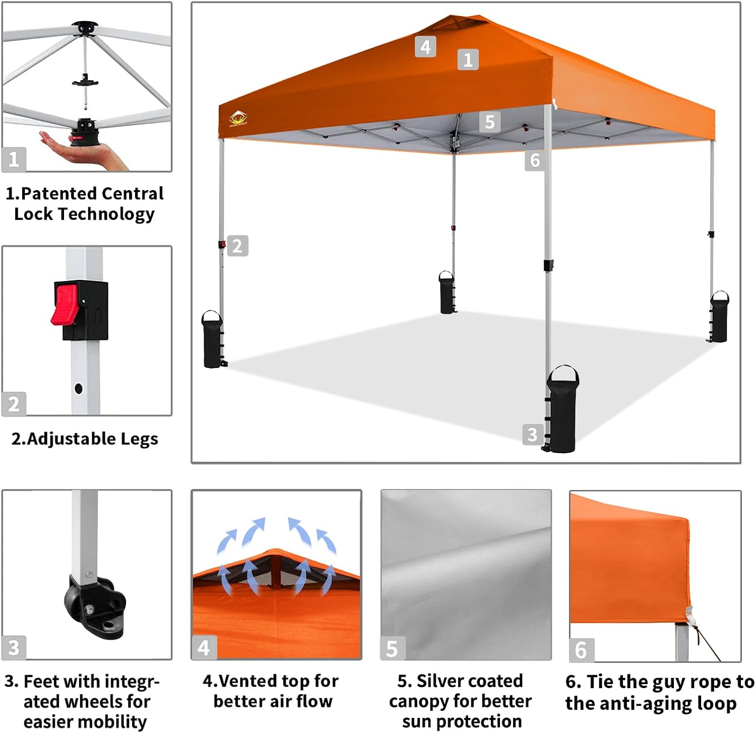 CROWN SHADES 10x10 Pop Up Canopy - Beach Tent with One Push Setup - Easy Outdoor Sun Shade for Events, Parties, Camping - Gazebo with STO-N-Go Cover Bag, Silver Coated Top, Black