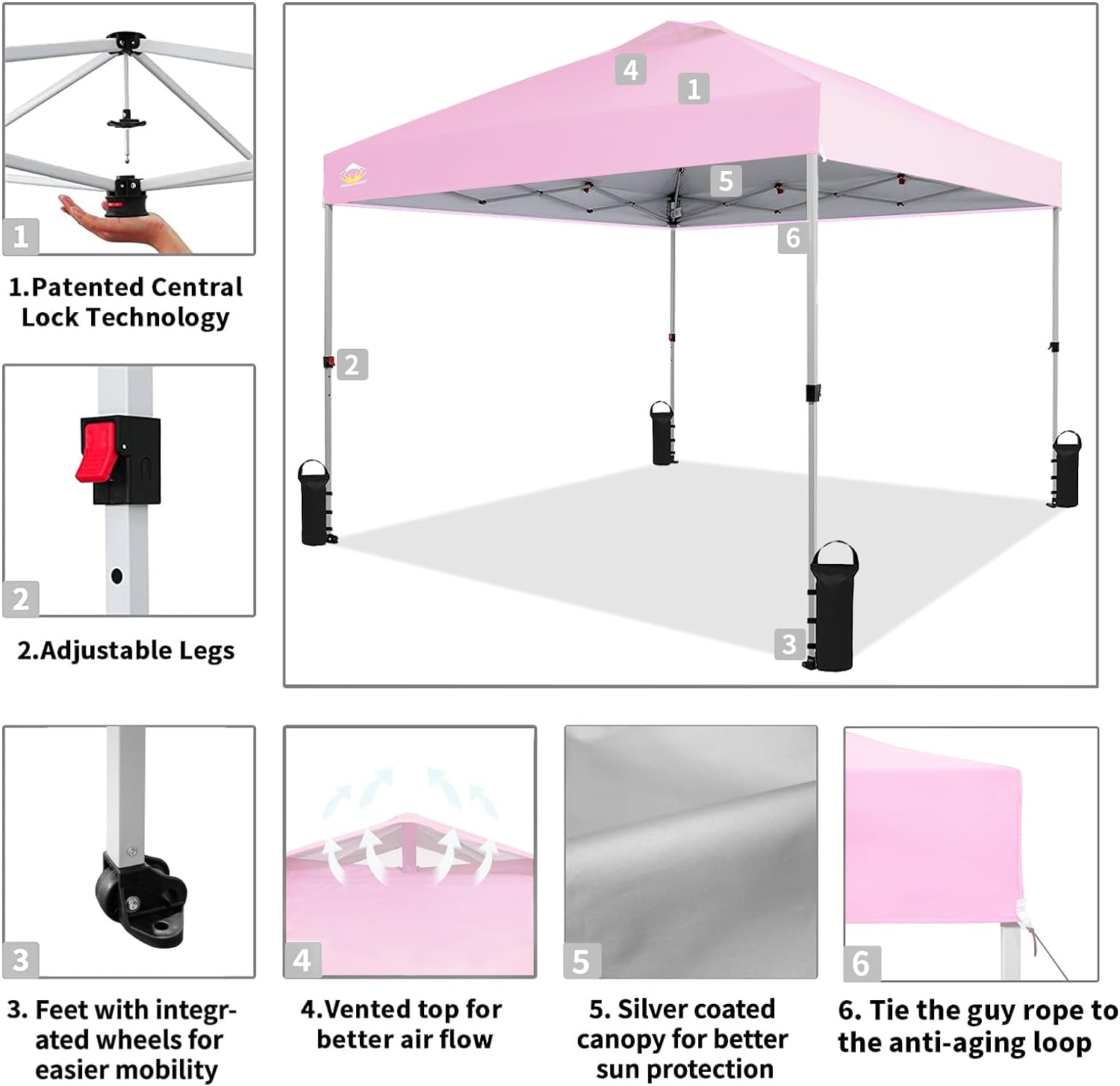 CROWN SHADES 10x10 Pop Up Canopy - Beach Tent with One Push Setup - Easy Outdoor Sun Shade for Events, Parties, Camping - Gazebo with STO-N-Go Cover Bag, Silver Coated Top, Black
