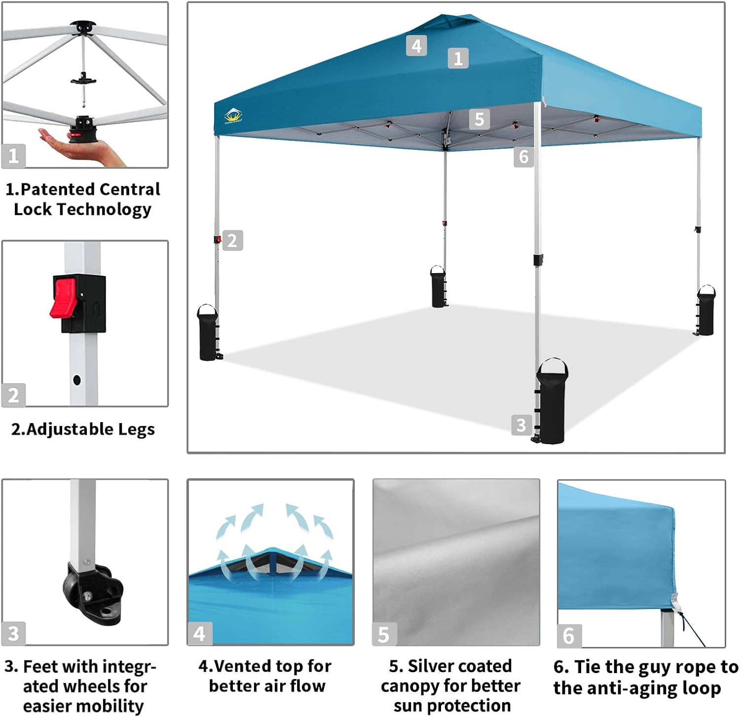 CROWN SHADES 10x10 Pop Up Canopy - Beach Tent with One Push Setup - Easy Outdoor Sun Shade for Events, Parties, Camping - Gazebo with STO-N-Go Cover Bag, Silver Coated Top, Black
