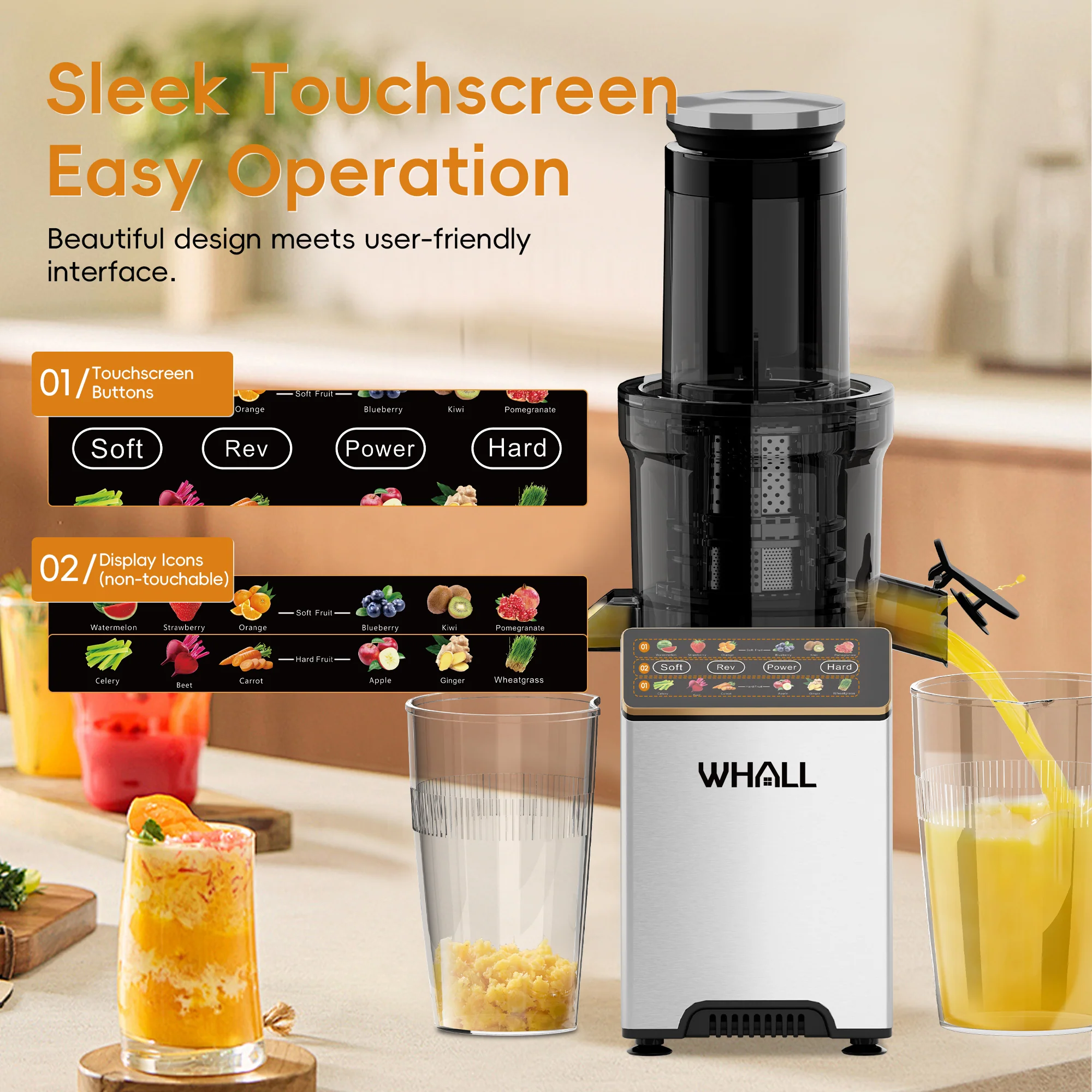 WHALL® Cold Press Juicer Machine with Touchscreen, Slow Masticating Machines with 3