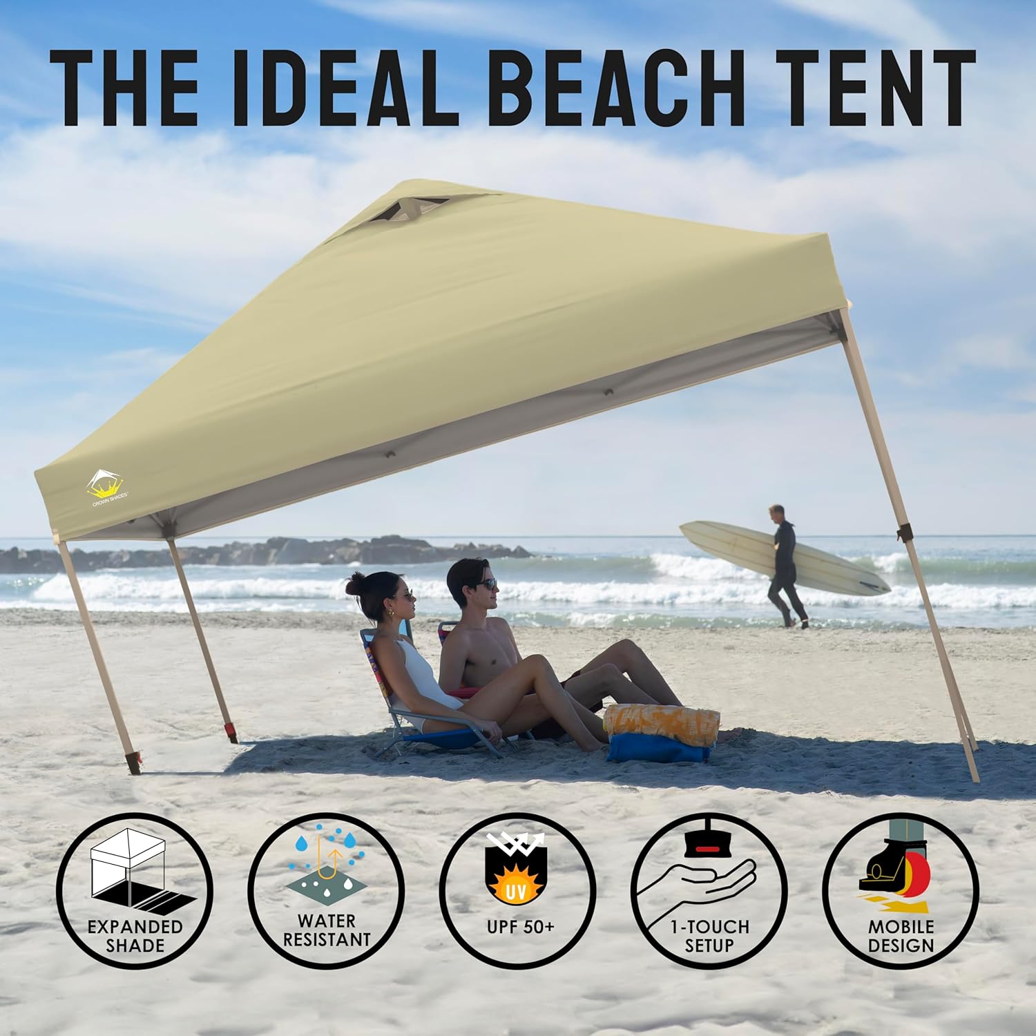 CROWN SHADES 10x10 Pop Up Canopy - Beach Tent with One Push Setup - Easy Outdoor Sun Shade for Events, Parties, Camping - Gazebo with STO-N-Go Cover Bag, Silver Coated Top, Black